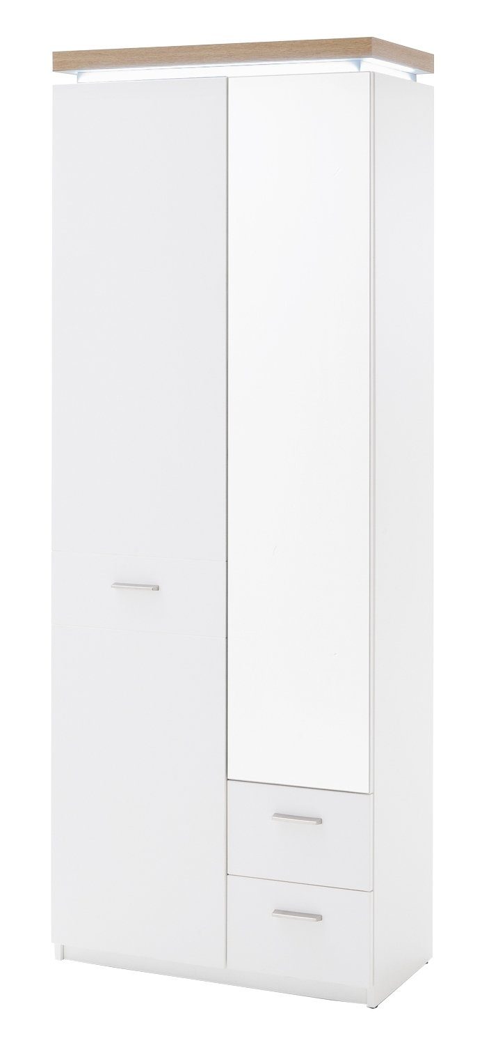 MCA furniture Garderobenschrank CALI, B 75 x H 201 cm, Weiß matt, Eiche Wotan Dekor, mit 2 Türen und 2 Schubladen