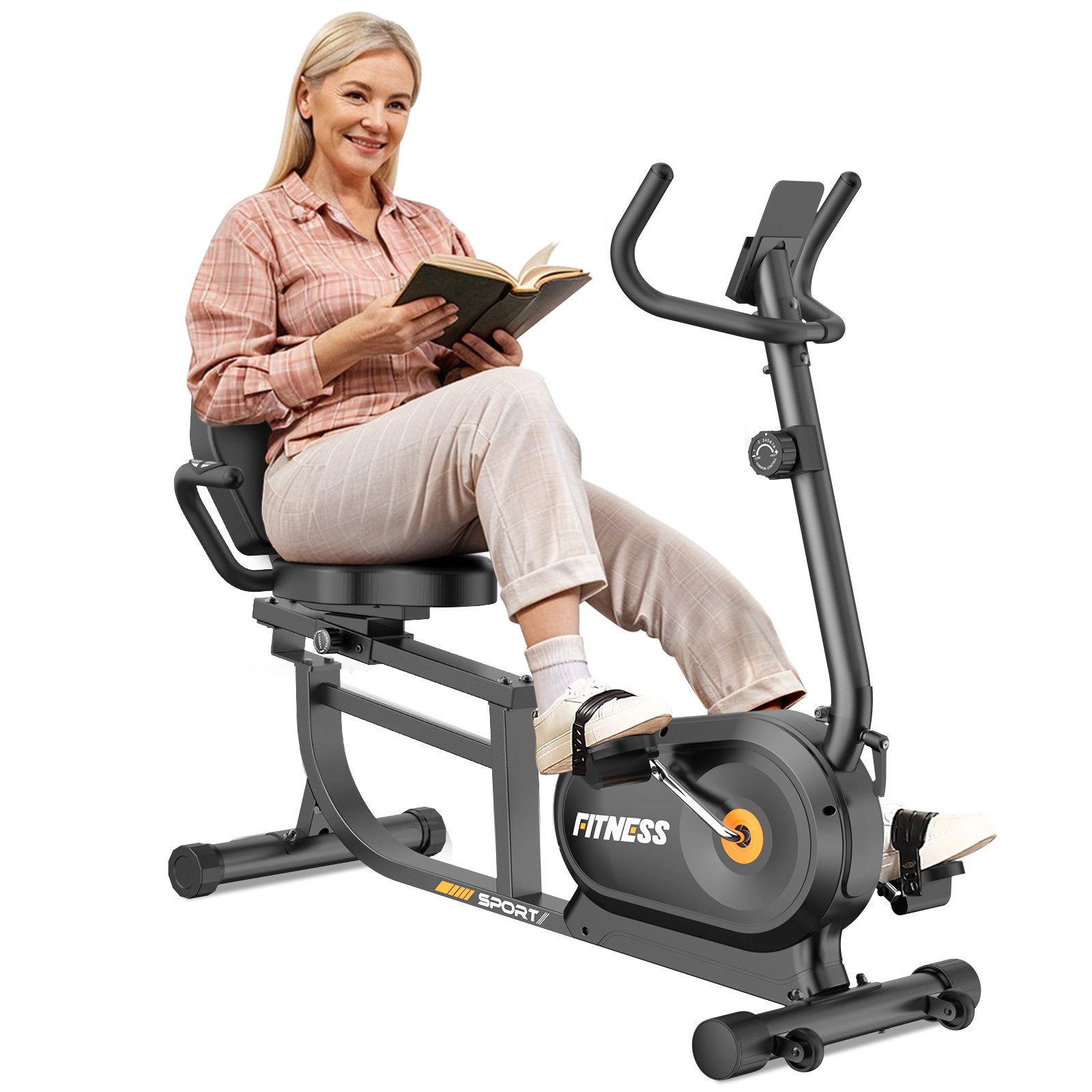 Gywowken Liege-Heimtrainer Liegeheimtrainer, 16 Stufen magnetischer Widerstand, LCD Display mit Pulsmessung, verstellbarer Sitz & Rückenlehne