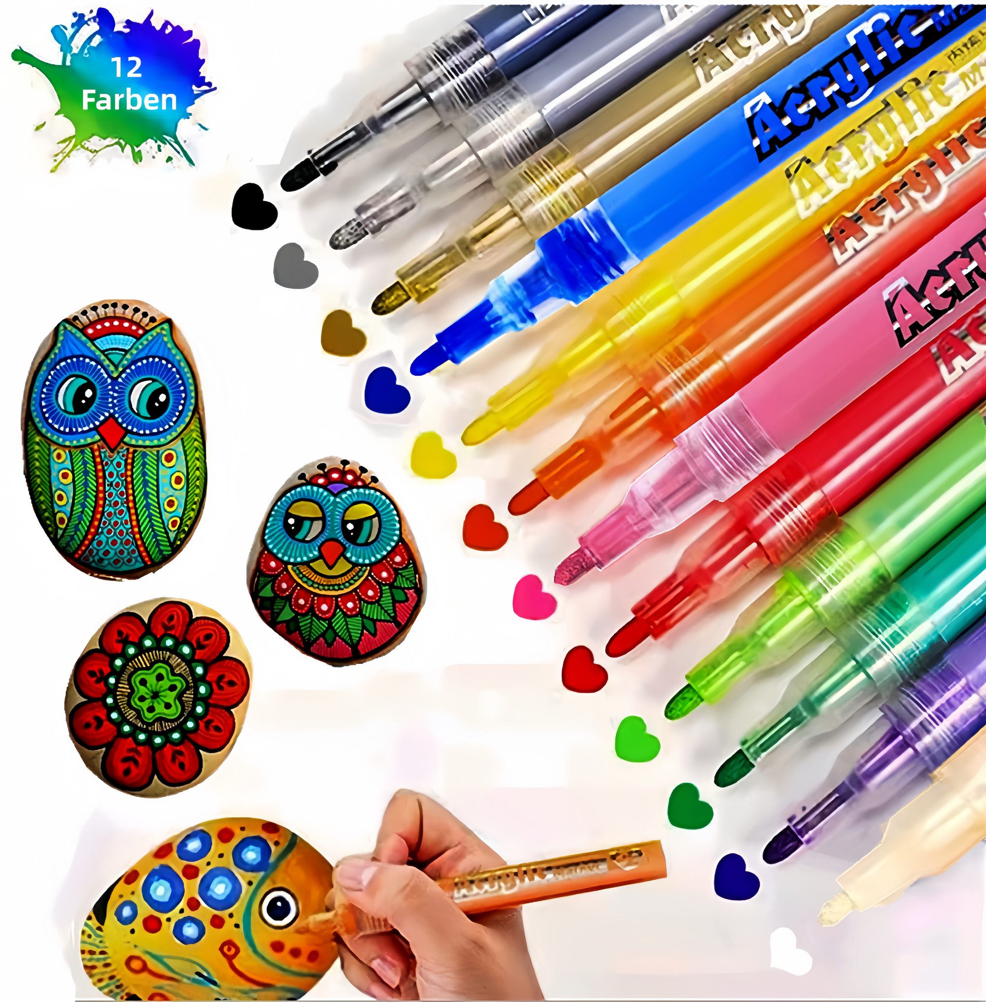 FOUORTUNATE-BEE Lackmarker 12er Set wasserfeste Acrylstifte für Steine, Glas & Papier, (12-tlg), 12 Farben für DIY-, Oster- & Weihnachtsbastelprojekte