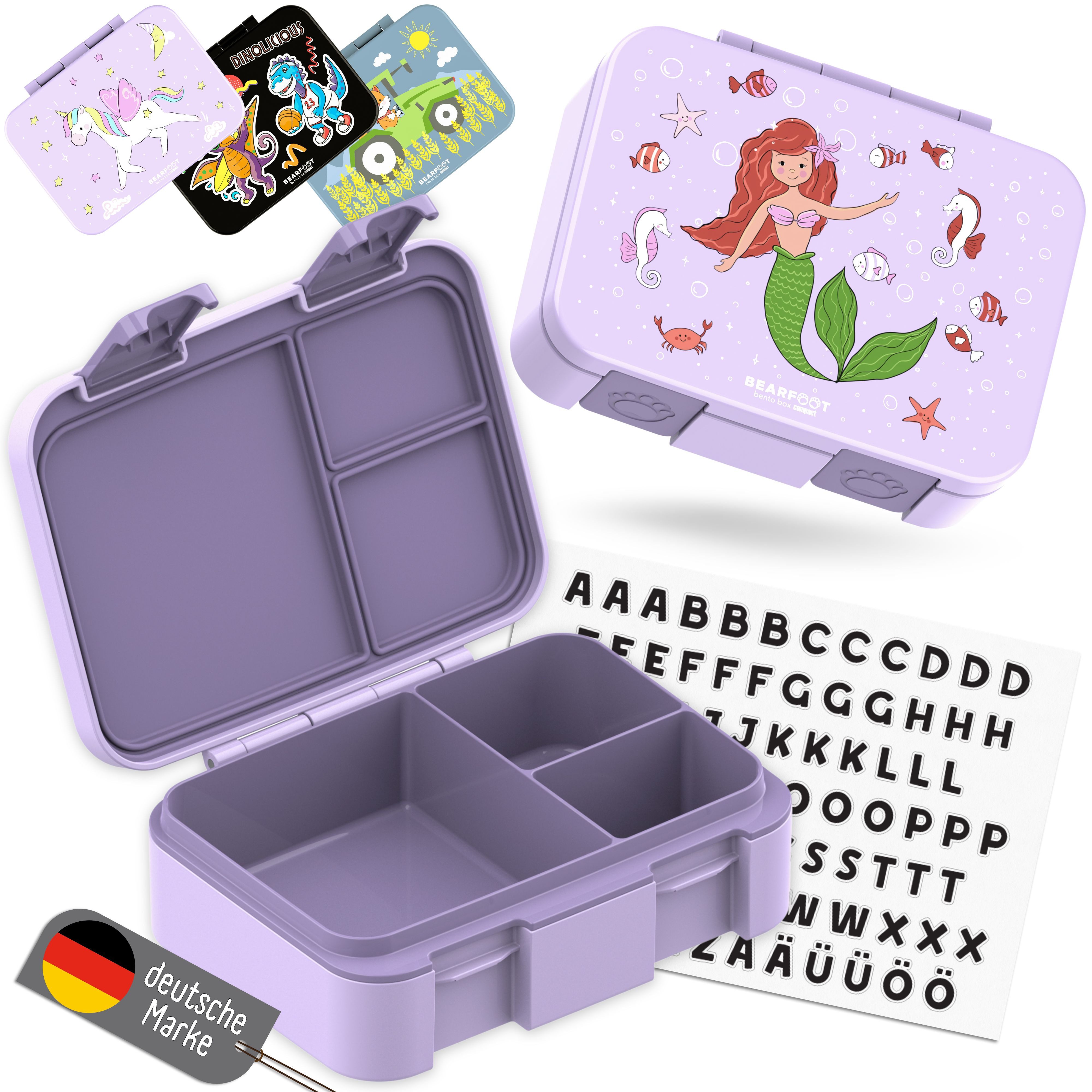 BEARFOOT Lunchbox Brotdose mit Fächern, auslaufsicher - Meerjungfrau lila, PP, ABS, Silikon, Kindergarten und Schule - Mädchen und Jungen, Vesperbox, Snackbox