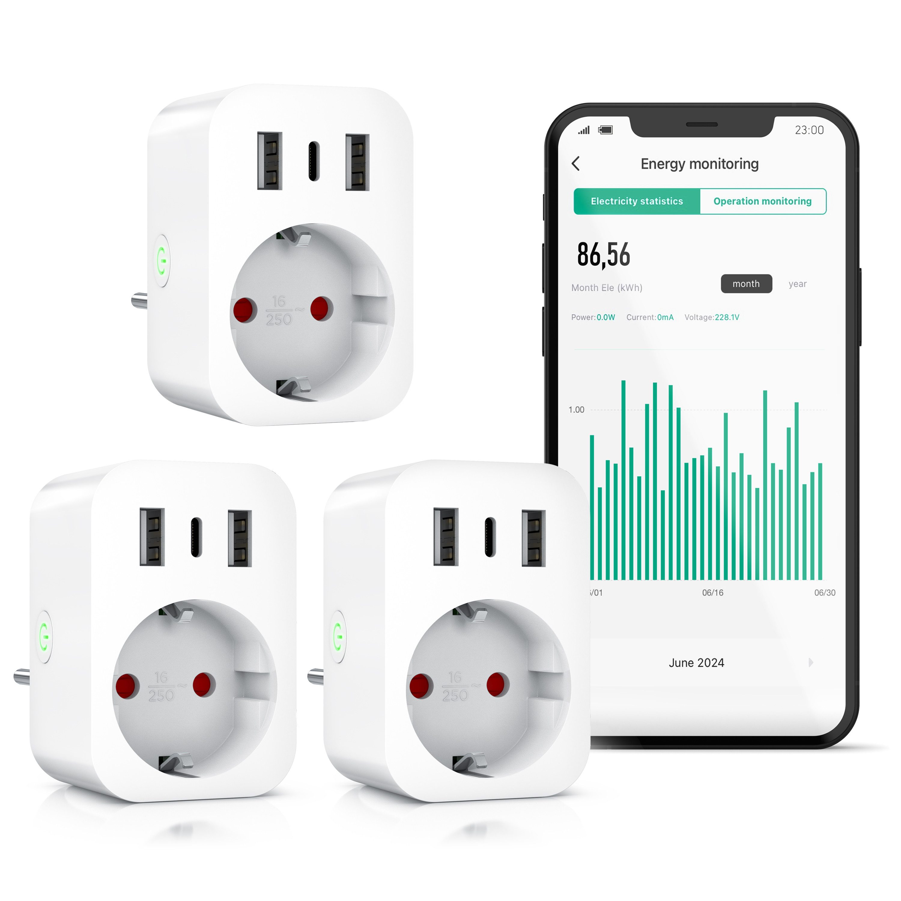 BEARWARE WLAN-Steckdose mit USB, 2,4Ghz WiFi Fernsteuerung per Smart life App, Sprachsteuerung, 3-St., Zeitschaltuhr, Energiekostenmessgerät, USB-Ladegerät, Countdown Timer