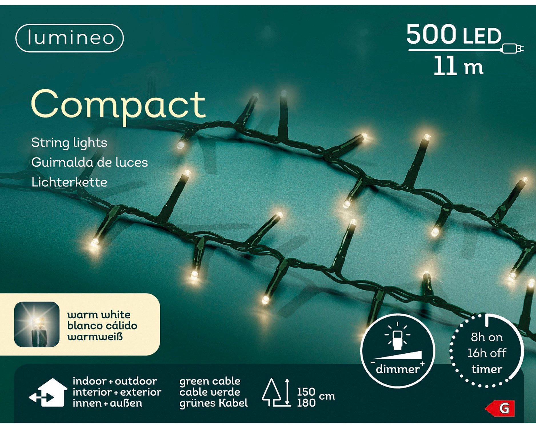 Lumineo LED-Lichterkette Lumineo Lichterkette COMPACT 500 LED 11 m warm weiß, grünes Kabel, Indoor/Outdoor, dimmbar, 8h-Timer, 5 m Zuleitung