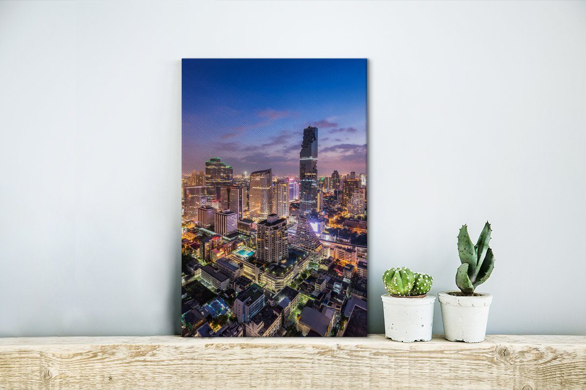 OneMillionCanvasses® Leinwandbild Bangkok - - Leinwandbild Zackenaufhänger, (1 inkl. bespannt Stadt Gemälde, fertig cm 20x30 Abend, St)
