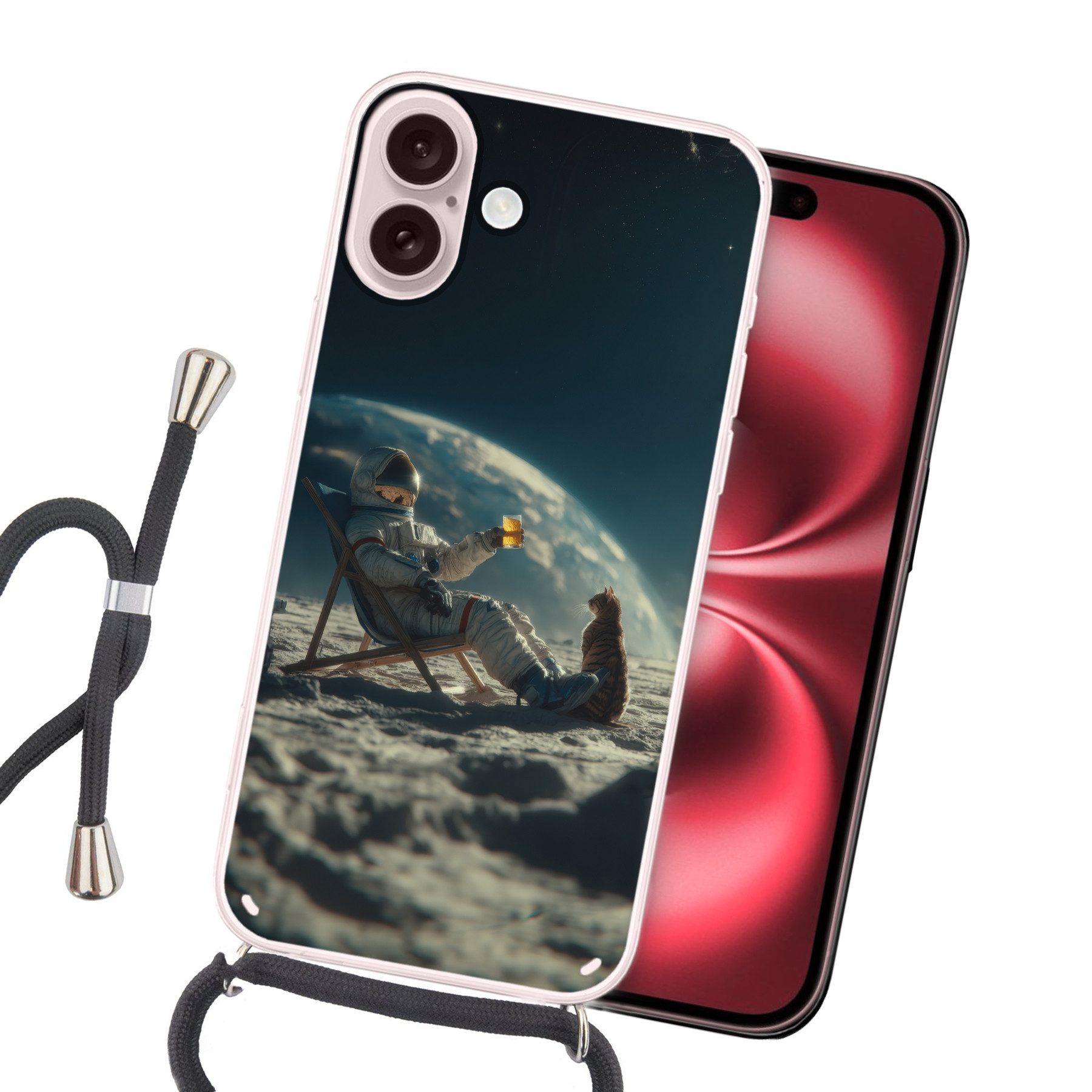 MuchoWow Handyhülle für Apple iPhone 16 Astronaut - Katze - Glas - Stuhl, Tragbare Handyhüllen mit Kette zum umhängen, Handykette Handyband