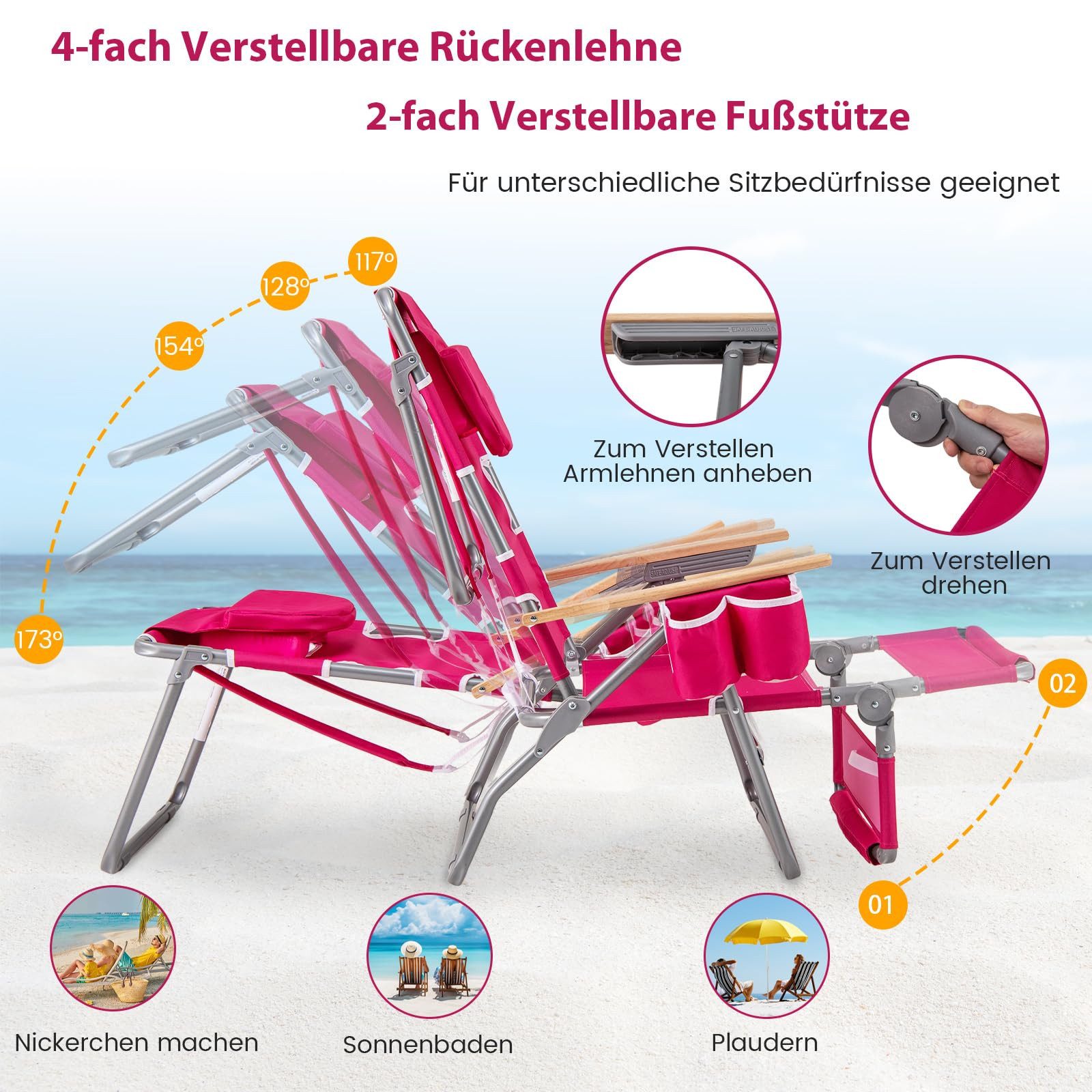 COSTWAY Gartenliege, Klappstuhl, Sonnenliege 4-stufig verstellbar