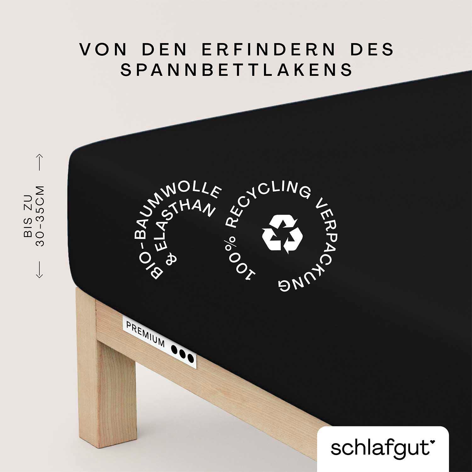 Schlafgut Spannbettlaken PREMIUM Mako-Zwirn-Jersey, 220 g/m², 95% Bio-Baumwolle, 5% Elasthan, Mako-Zwirn-Jersey, Gummizug: rundum, (1 Stück), Bettlaken bis 30 cm Höhe, PREMIUM-Qualität langlebig, perfekter Sitz