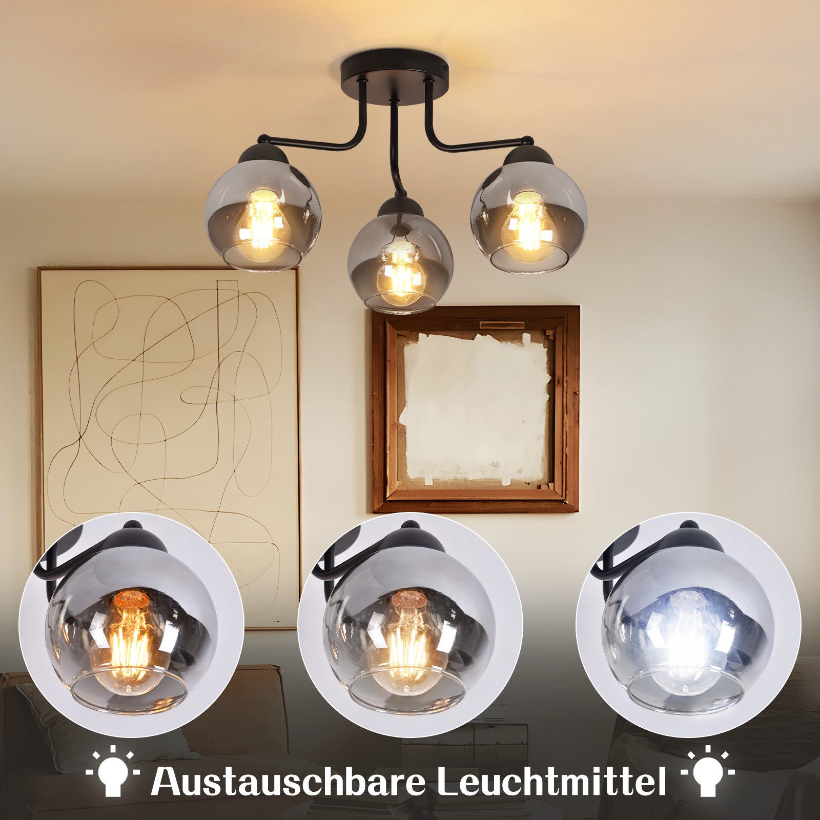 Nettlife Deckenleuchte Glas Schwarz Vintage 3/5 flammig E27 Industrial Flur günstig online kaufen