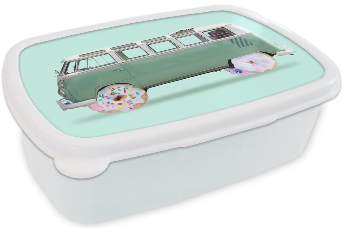 MuchoWow Lunchbox Donuts - Lieferwagen Erwachsene, Kinder Brotdose, Jungs - Mädchen - und Auto Kunststoff, für und Grün, weiß Brotbox für (2-tlg)