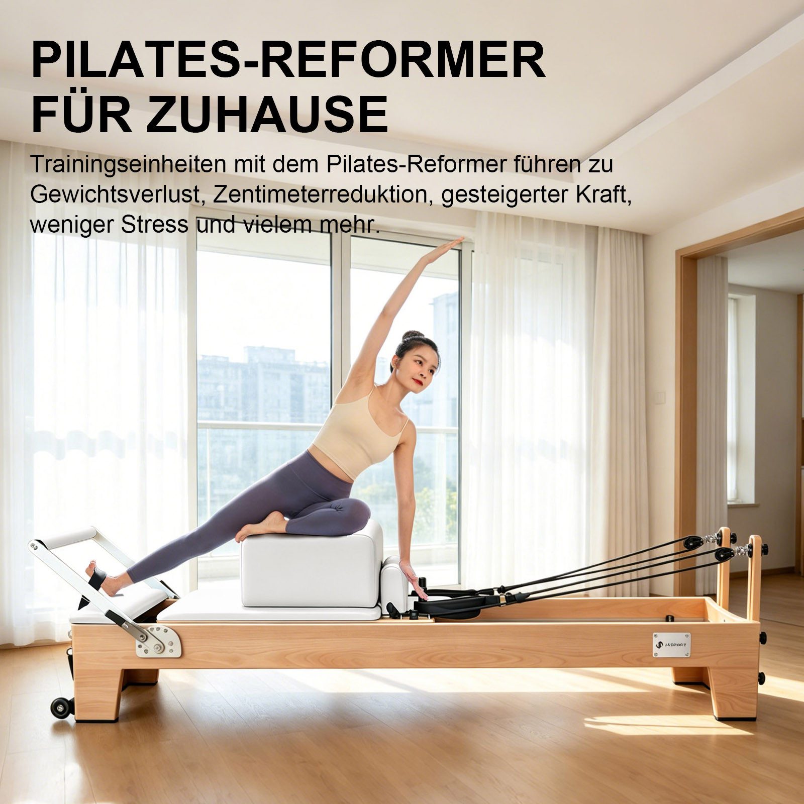 JASPORT Pilates-Reformer Hochwertige Holz-Reformer Serie für Pilates-Studios, (Komplettset mit 6 Federn, Sitzbox, Jumpboard und Fußschlaufen), Für Heimtraining und professionelle Studios geeignet