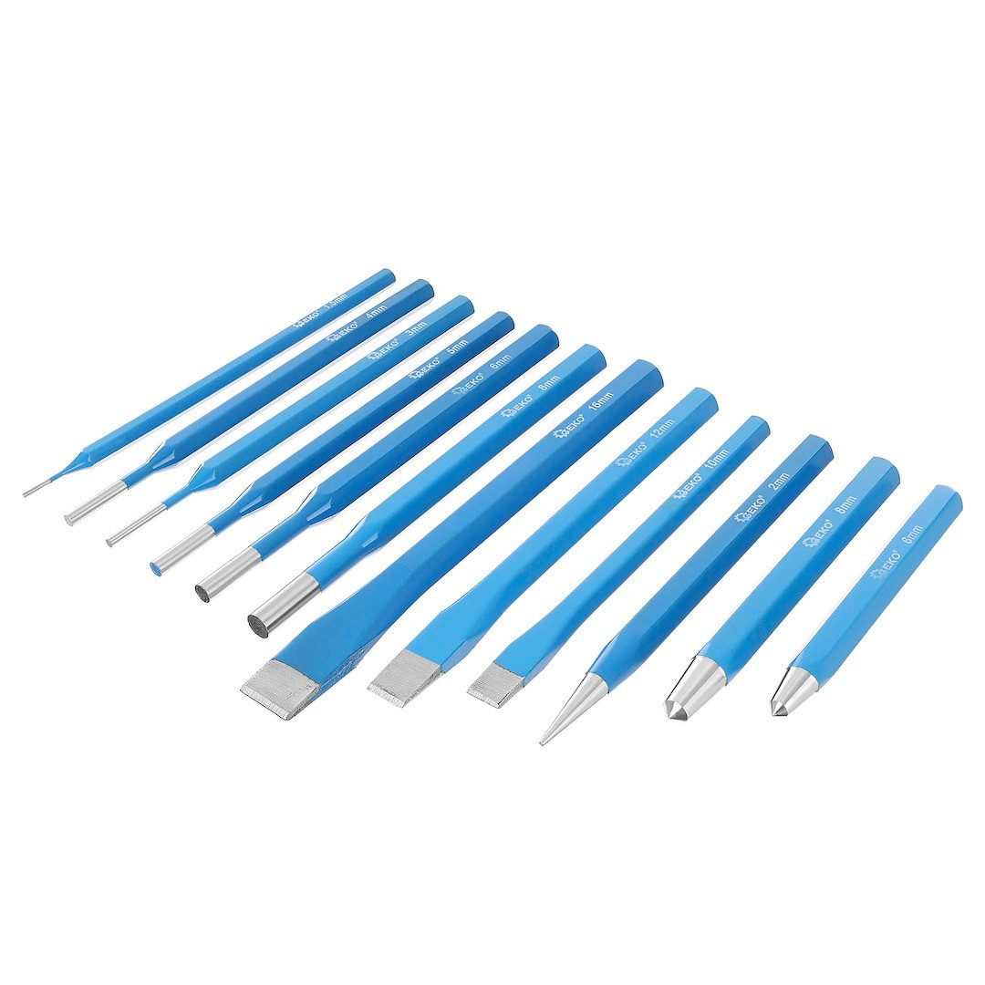GEKO Flachmeißel 12tlg Splinttreiber Körner Flachmeißel Durchschlag Set Cr-V Stahl, (Set, 12-tlg., Set) Cr-V-Stahl, gehärtete Schlagflächen, inkl. Etui