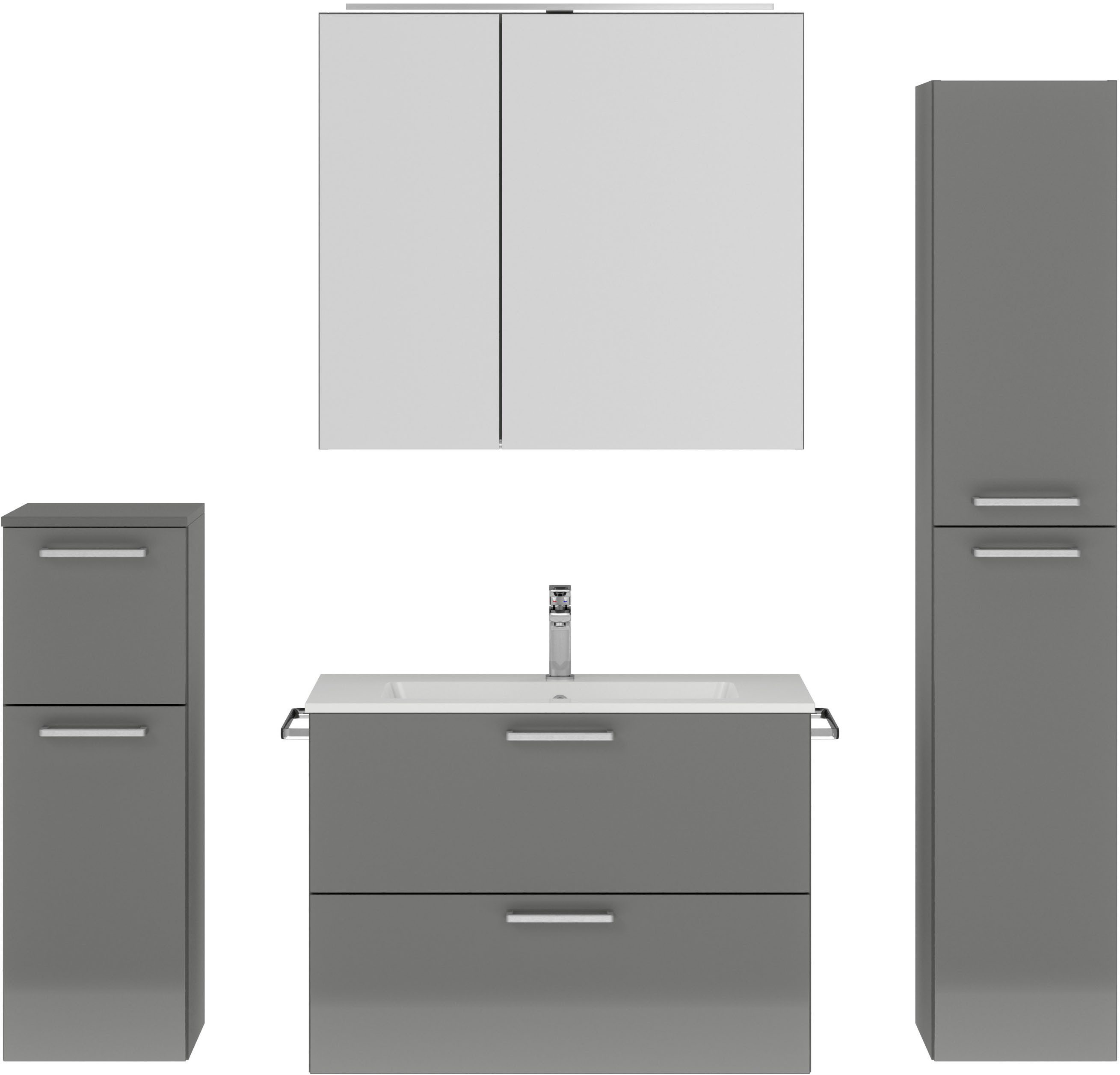 nobilia® Badmöbel-Set Tolvina, (4-St., vormontiert, mit Soft-Close), inkl. Spiegelschrank mit Beleuchtung und Dimmerfunktion, in 4 Breiten
