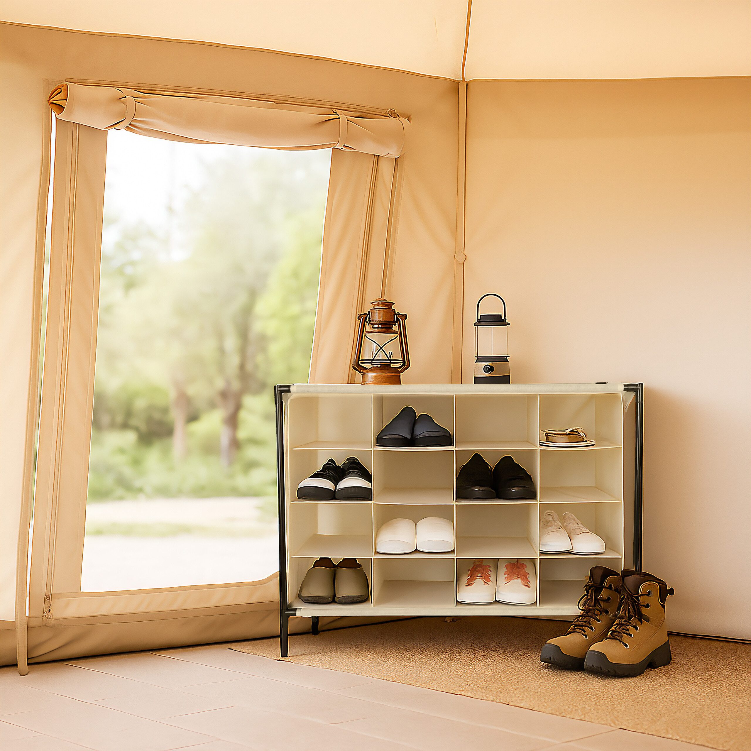 relaxdays Schuhregal Camping Schuhregal 16 Fächer, Beige