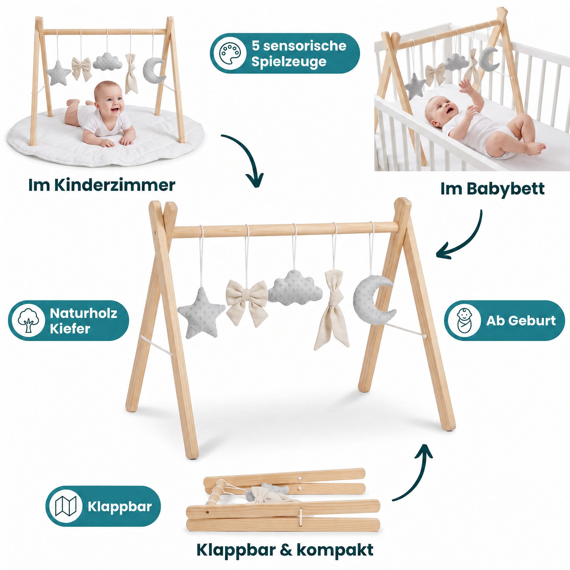 LuMali Baby Gym Holz Spielbogen klappbar 5 Spielzeuge 41x58x49cm Naturholz Kiefer, Spieltrapez Neugeborene sensorisch handgemacht faltbar leicht Geschenk
