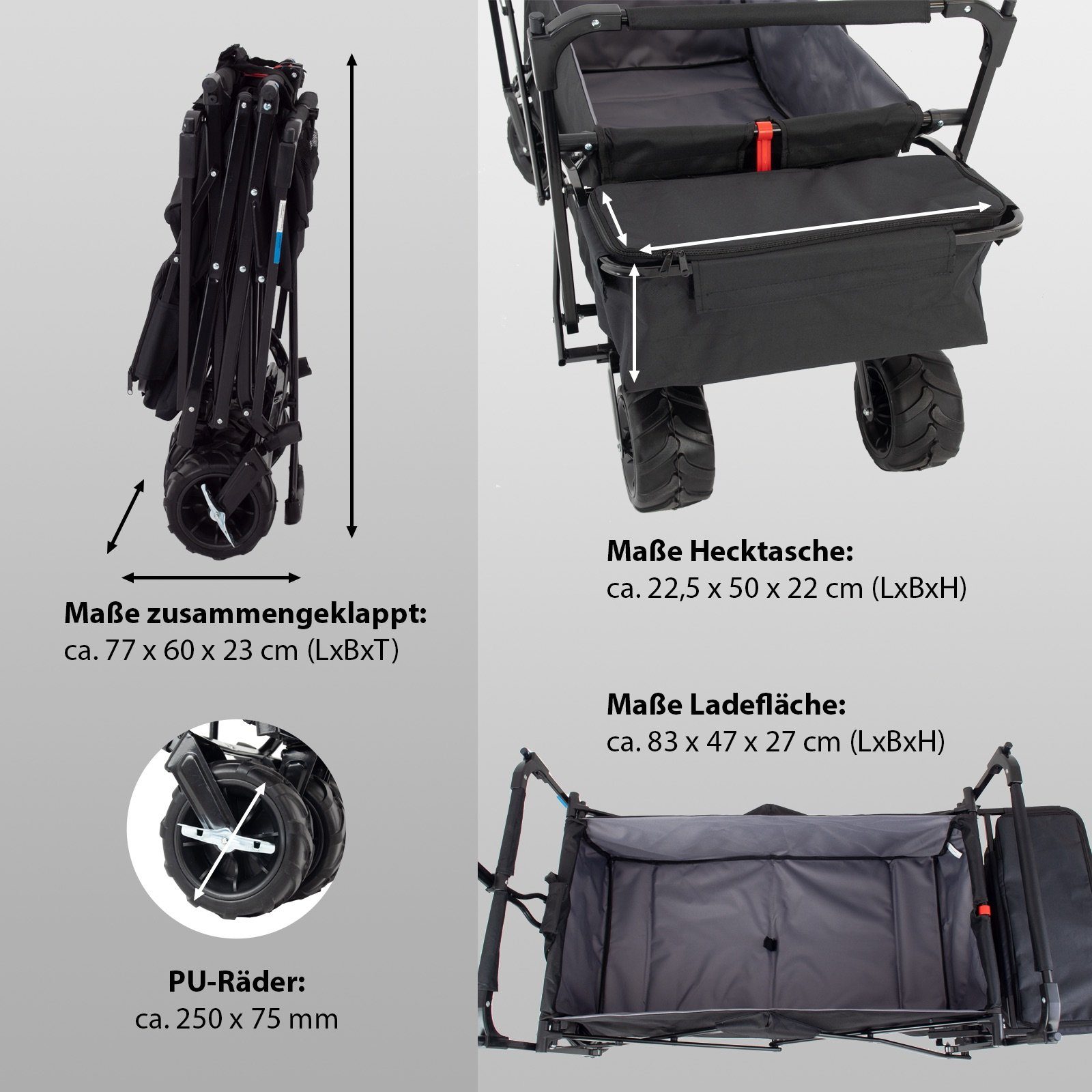 TRUTZHOLM Bollerwagen faltbar mit Sonnendach Breitreifen Schwarz,innen grau Falt-Bollerwagen