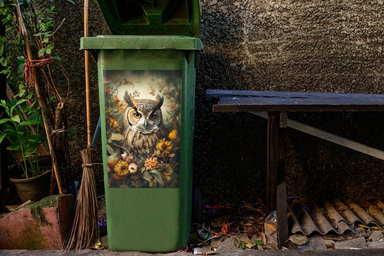 Container, - (1 St), Eule Vögel Natur - MuchoWow Wandsticker Mülleimer-aufkleber, Blumen Mülltonne, - Sticker, Abfalbehälter