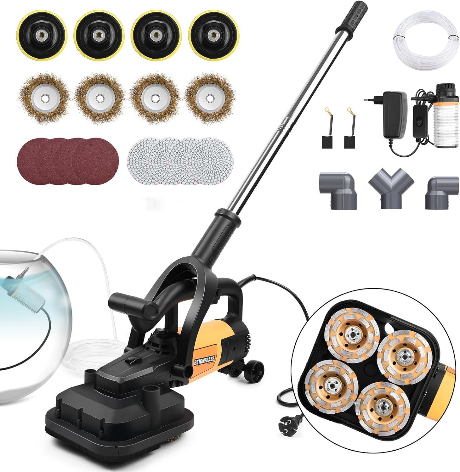 XERSEK Угловая шлифовальная машина 3800W Betonschleifer 4 Arbeitsmodule Betonfräse Putzfräse, max. 6000 U/min, mit Handgriff, Schutzhaube, 6 stufen