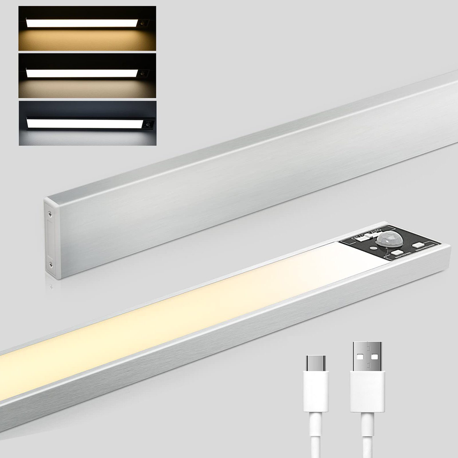 Rosnek LED Lichtleiste Dimmbar, Wiederaufladbar, Bewegungssensor, für Küchenschrank, Warmes Licht (3000K), natürliches Licht (4500K) und weißes Licht (6500K), 3 Farben, USB, Treppe Deko