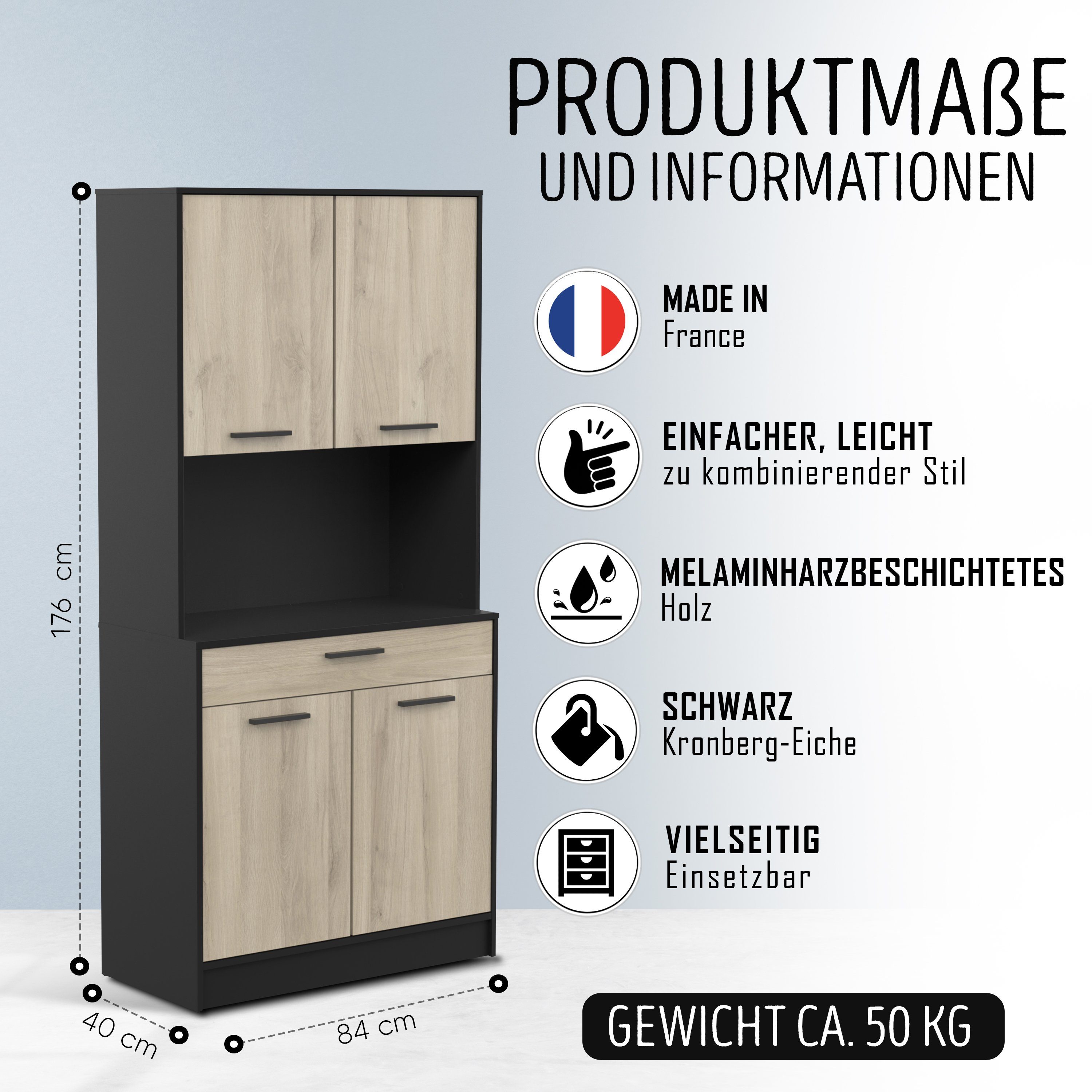 Küchenregal Holz habeig Küchenmöbel 344 Eiche-schwarz Singleküche Küchenregal Front Küchenschrank