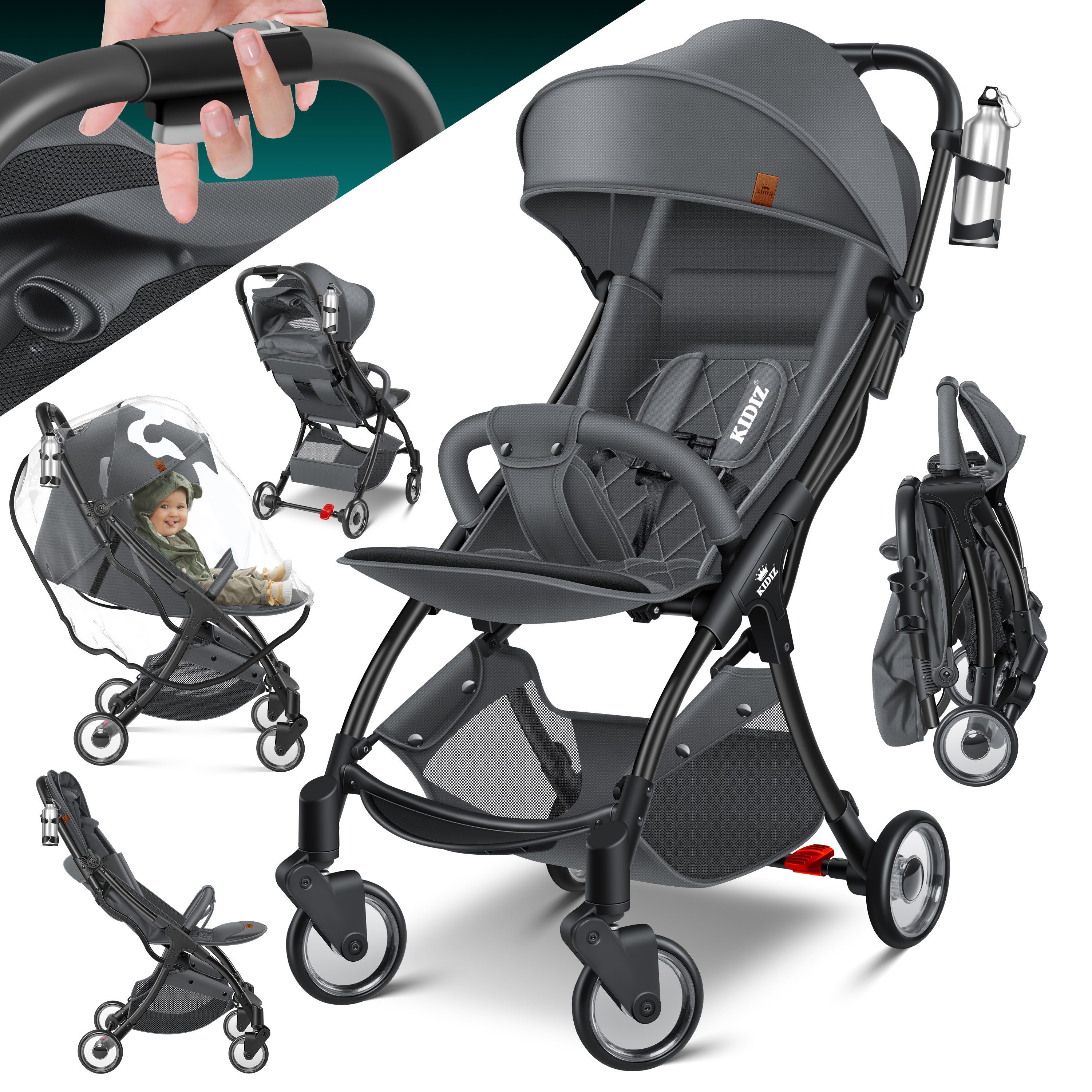 KIDIZ Kombi-Kinderwagen Sportwagen Faltbar, Buggy mit verstellbaren Rückenlehnen & 360° Räder, (Kinderbuggy Inkl. Getränkehalter, Regenabdeckung & Sonnenverdeck), Liegebuggy mit 5-Punkt Gurt & Abnehmbare Stoßstange