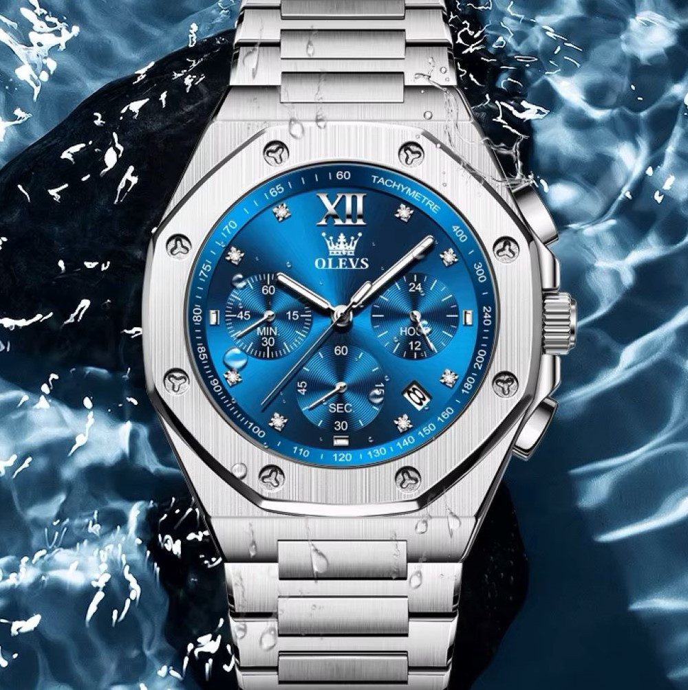 OLEVS Quarzuhr Herrenuhr Olevs Chrono Achtkant-Design Blau