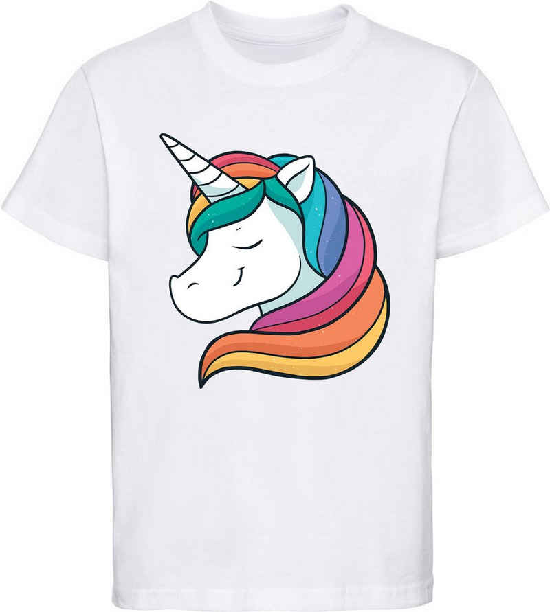MyDesign24 Print-Shirt bedrucktes Kinder Mädchen T-Shirt - Einhorn mit Regenbogen Haaren Baumwollshirt mit Aufdruck, i207