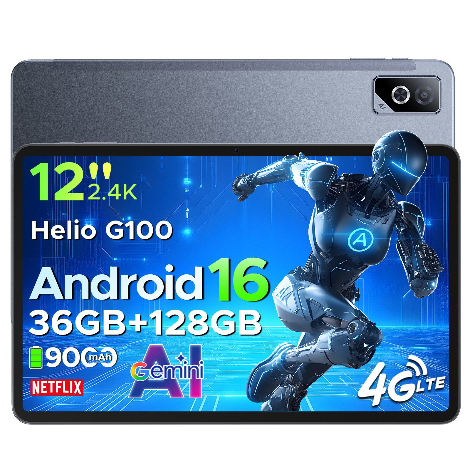 DOOGEE TabG6Pro 12'' Tablet Android 16 with SIM-Karte, Helio G100 Octa-Core Tablet (12", 128 GB, Android 16, Wifi, 128GB ROM, Gemini AI, 13MP+8MP, 90Hz, FACE ID, 9000 mAh, 5G WiFi/4G LTE)