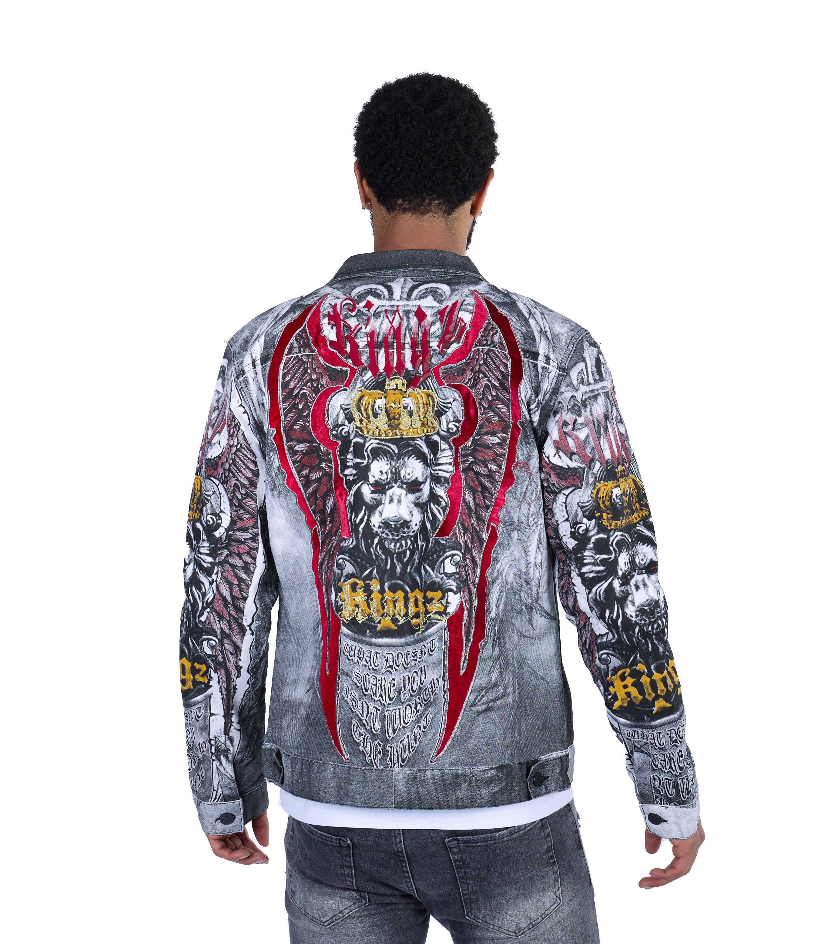 KINGZ Jeansjacke Designer Jeansjacke mit All-Over Print Weiß M