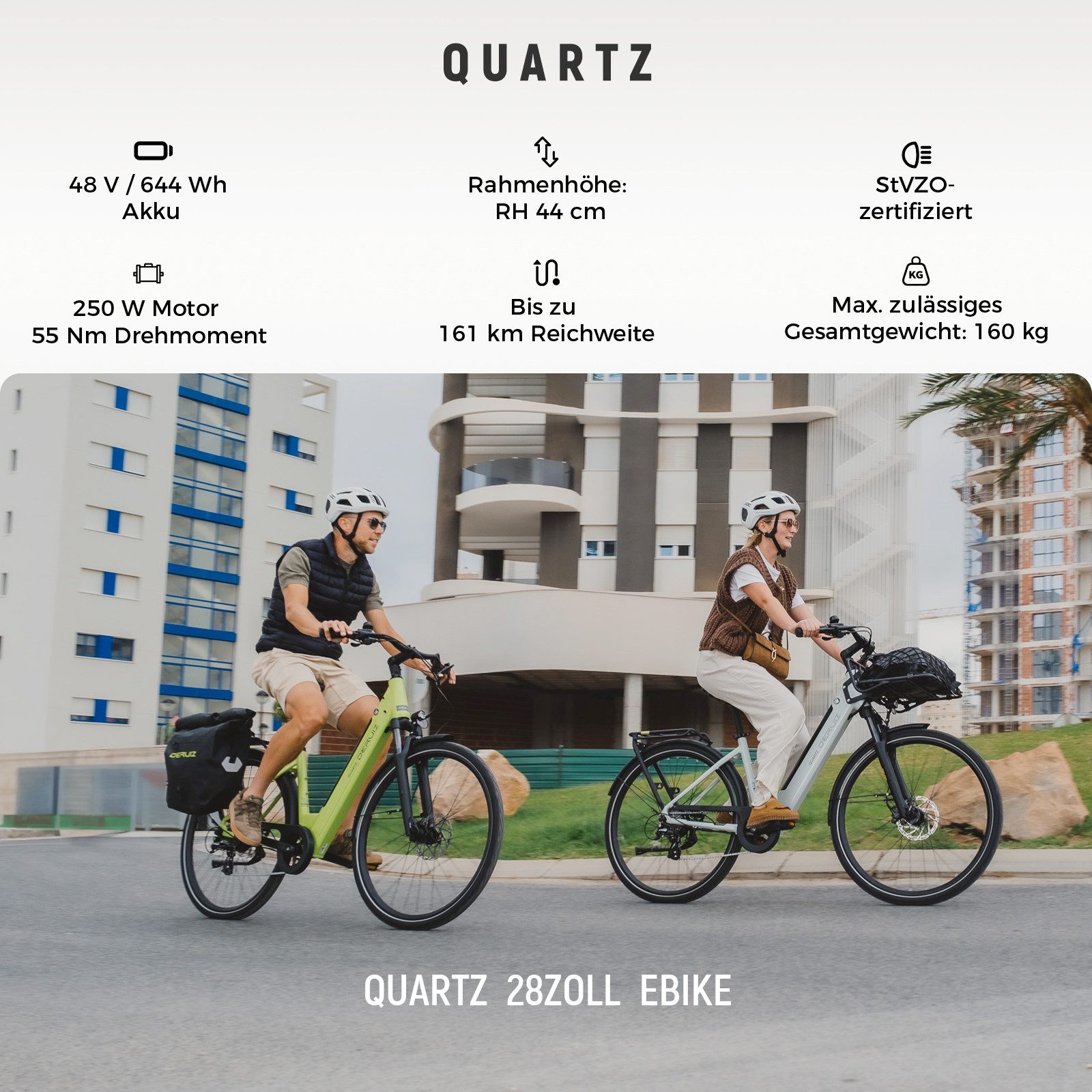 DERUIZ E-Bike Cityrad 28 Zoll, Quartz 2.0/SUV, max. 160km, Drehmomentsensor, Bluetooth+APP, 8 Gang SHIMANO Altus RD-M310 Schaltwerk, Kettenschaltung, Heckmotor, 644 Wh, (5 Stufen, Aluminium-Schutzbleche), Quartz 2.0, nur 20kg, Lockout-Federgabel, Elektrofahrrad, E-Citybike