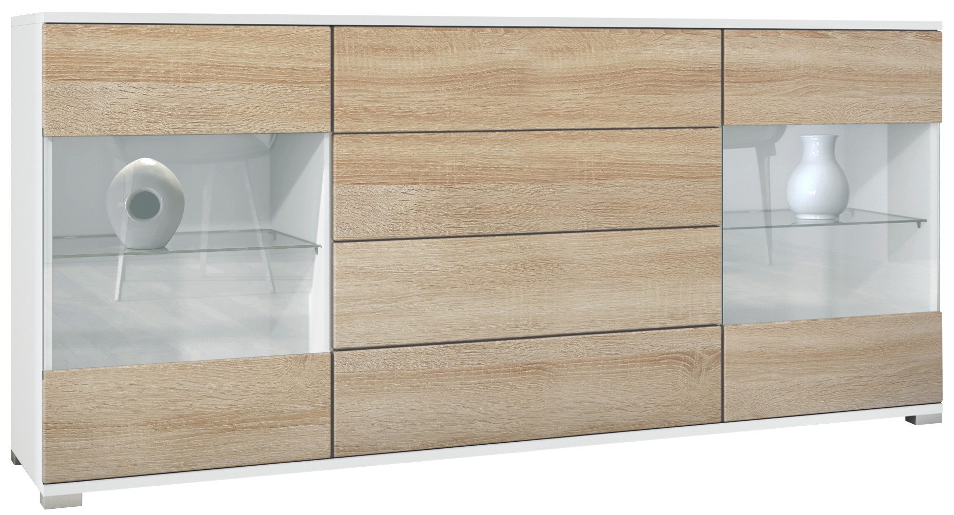 Vladon Sideboard Bari V2 (Kommode mit 2 Türen, 4 Schubladen und 2 flexible Glaseinlegeböden), Weiß matt/Eiche sägerau (166,5 x 75,5 x 35)