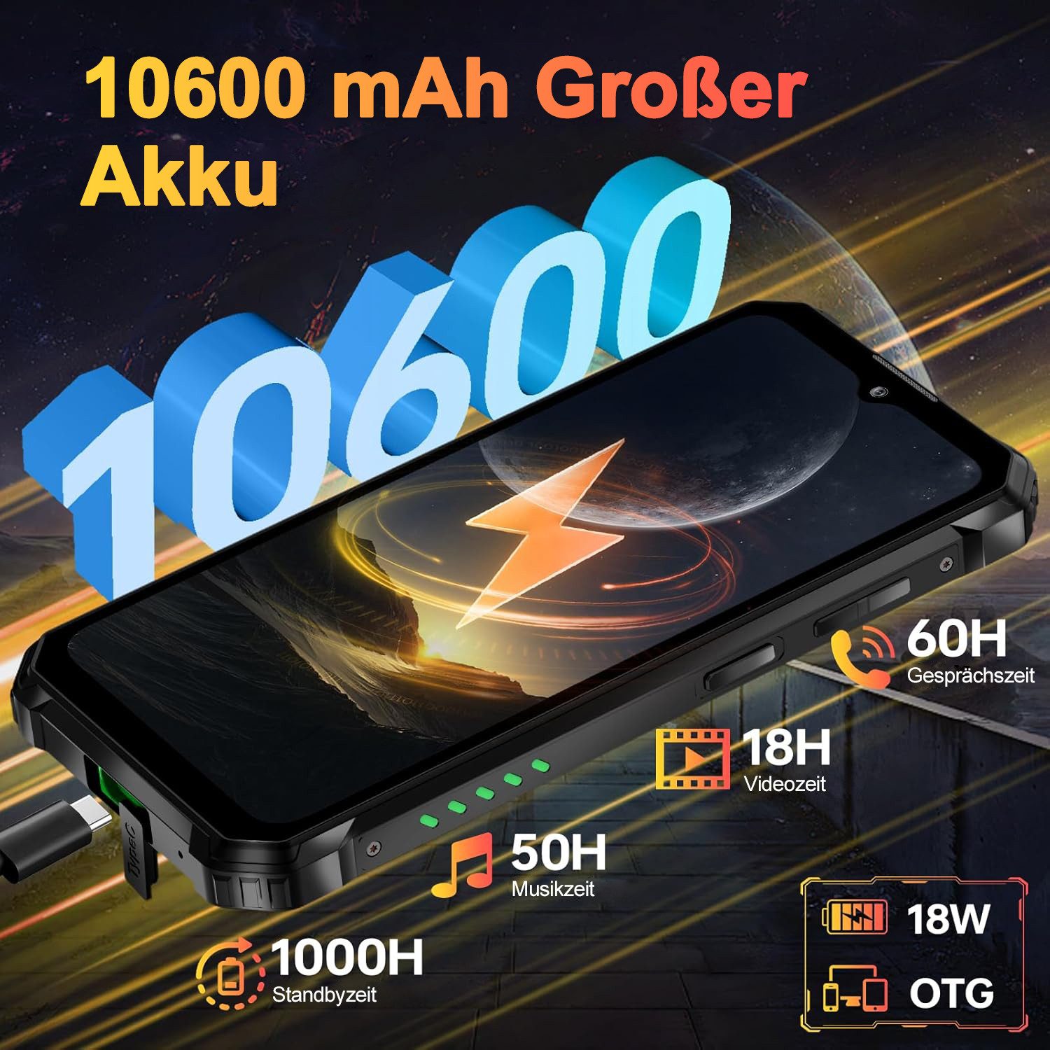 OUKITEL WP28E 16GB RAM + 64GB ROM/TF 1TB, 4G Outdoor Smartphone (16,56 cm/6.52 Zoll, 64 GB Speicherplatz, 13 MP Kamera, 6.52'' HD Display, 10600mAh, IP68/IP69K, – Bild 2 von 5