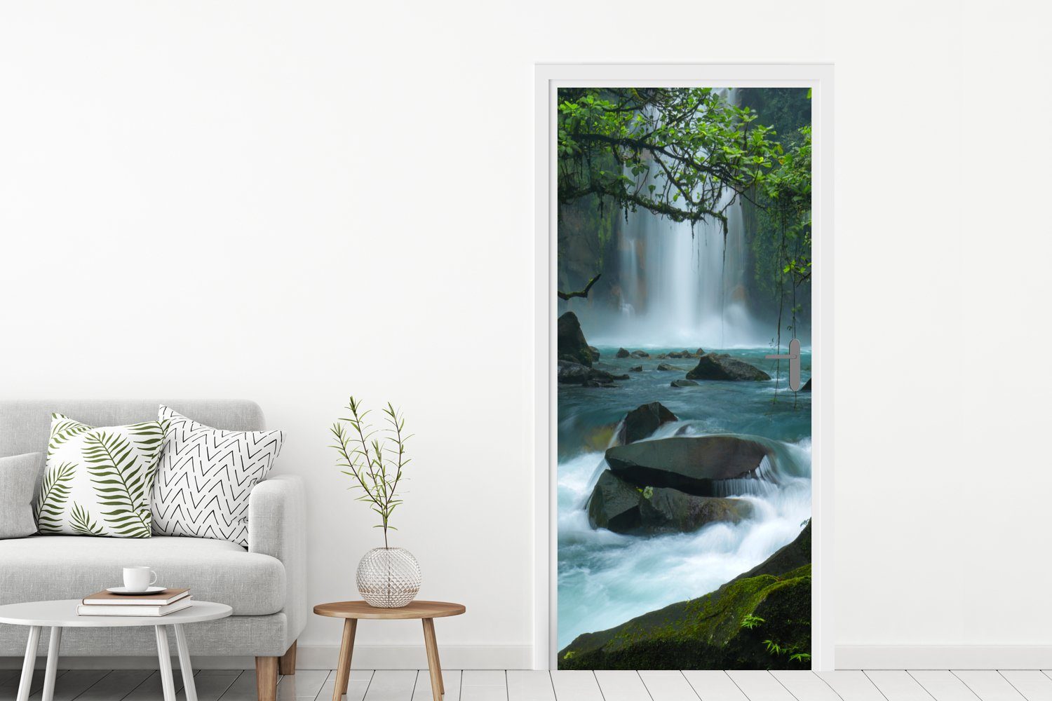 cm Tür, Fototapete Costa Rica, Türtapete Regenwald St), (1 blauer MuchoWow 75x205 im Wildfluss für Matt, von und Wasserfälle Leuchtend bedruckt, Türaufkleber,
