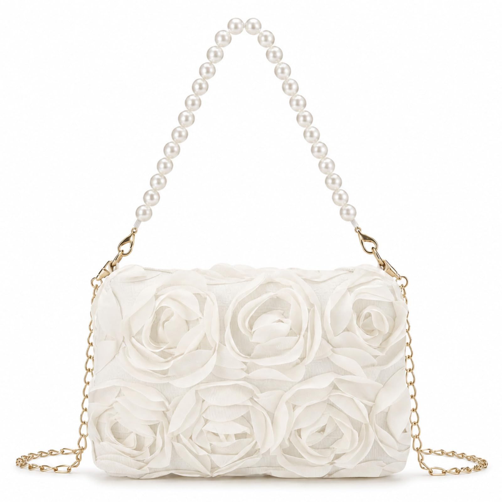 Zaewry Abendtasche Damen Clutch Tasche, 3D-Blumen Satin Abendtasche mit Perlenhenkel, abnehmbarem Kettenriemen, für Hochzeit, Party, Abschlussball