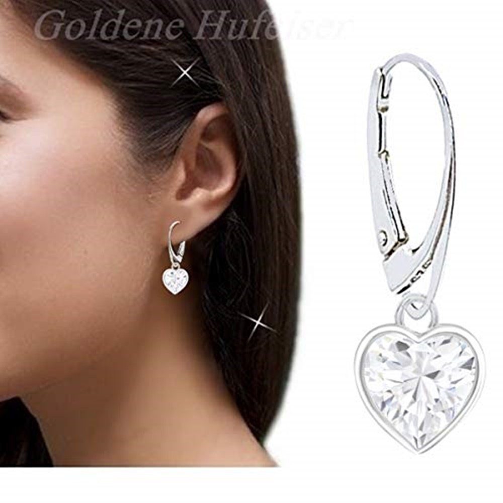 Goldene Hufeisen Paar Ohrhänger Zirkonia Herz Brisur Ohrringe aus 925 Sterling Silber (Hängeohrringe, inkl. Etui), Damen Silber-Schmuck mit Steine