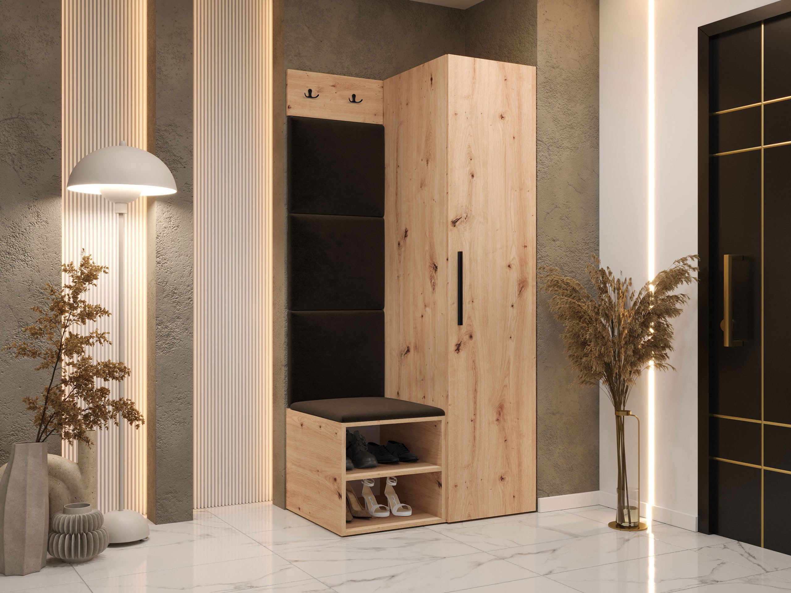 MIRJAN24 Garderoben-Set Medi III, (Drehtürenschrank, Schuhschrank, 4x Paneel 42x42), 2 Kleiderhaken für Kleidung