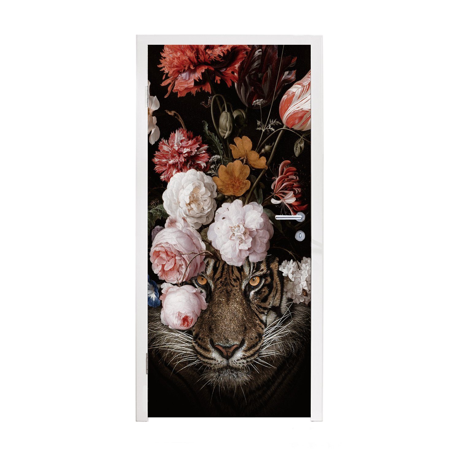 MuchoWow Türtapete Tiger - Blumen - Kunst, Matt, bedruckt, (1 St), Fototapete für Tür, Türaufkleber, 75x205 cm