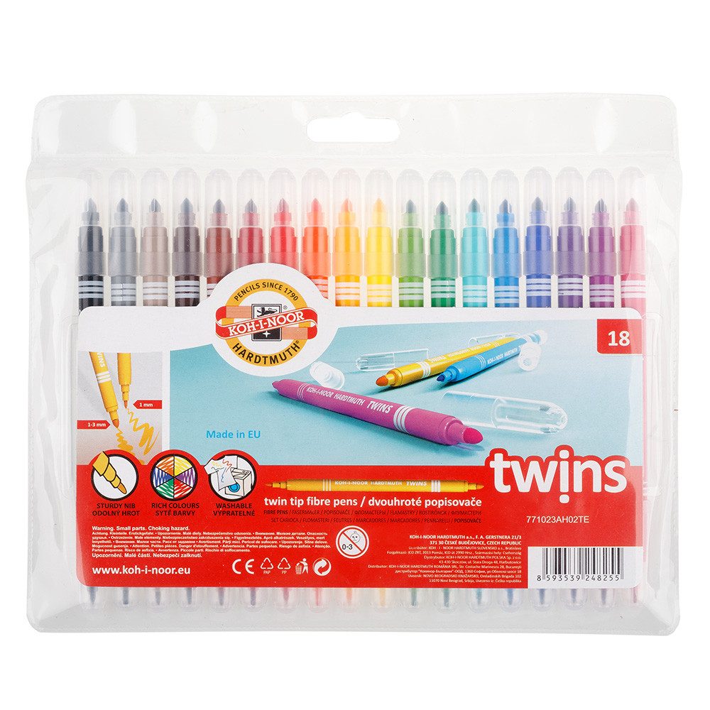 KOH-I-NOOR Malstift KOH Fasermaler Doppelfaserpens Dick - Dünn 18er PP-Hülle