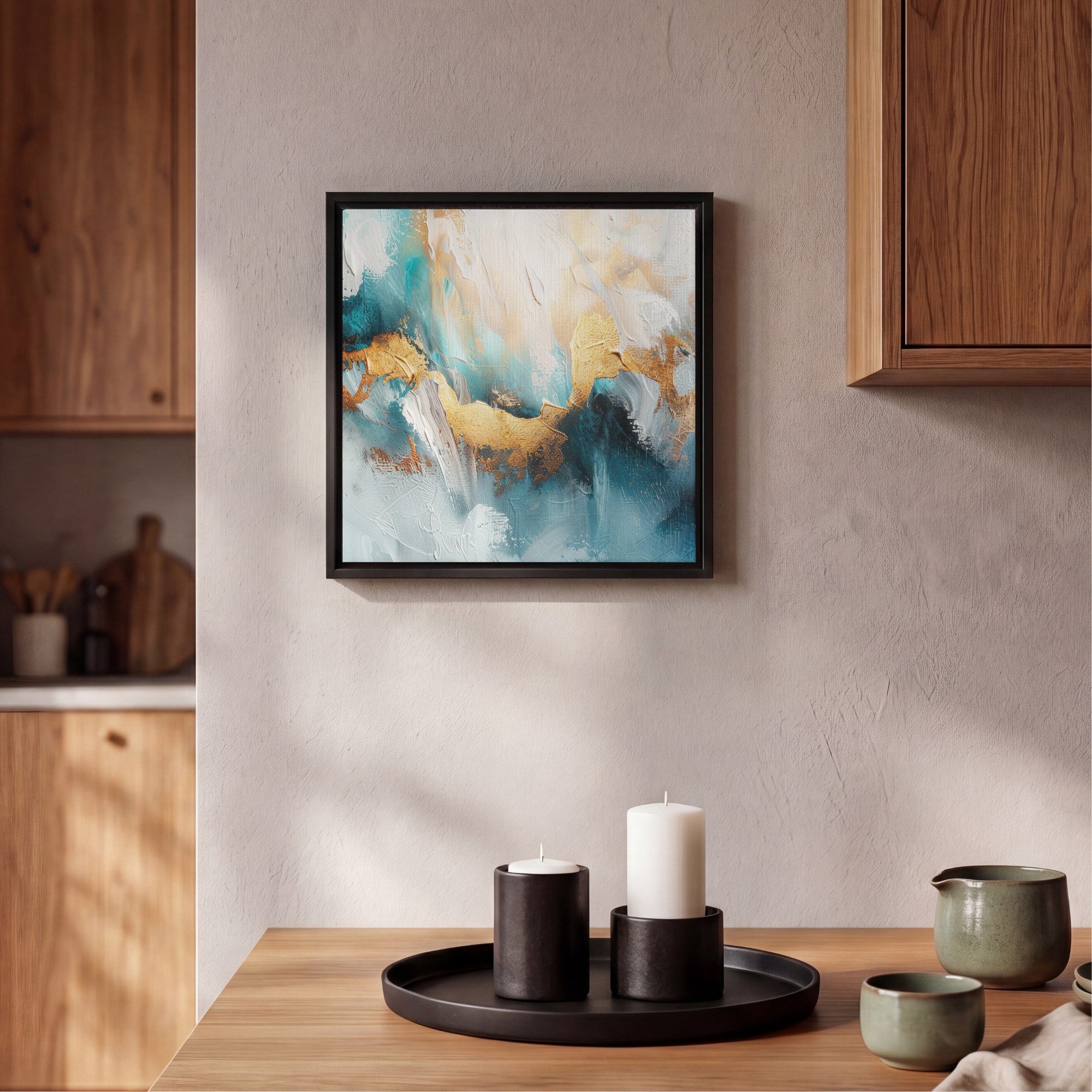 OneMillionCanvasses® Leinwandbild mit Rahmen - Abstrakt - Kunst - Gold - Blau, Fotodruck (1 St), Leinwand Bilder Klein, Wand Dekoration Aesthetic 20x20cm – Bild 2 von 5