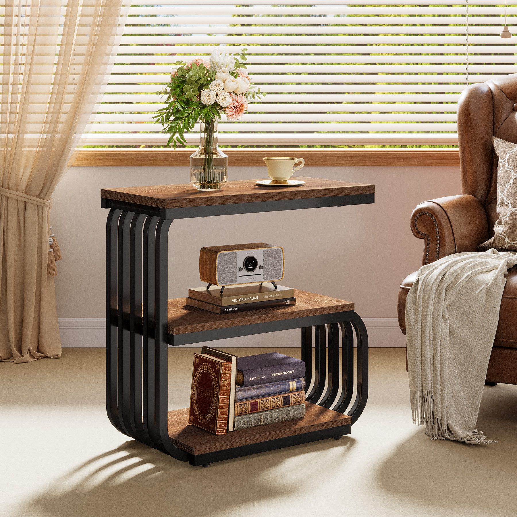 Tribesigns Beistelltisch 3 Etagen Schmaler Robuster Couchtisch mit Metallgestell und Holzplatte (Praktischer Nachttisch für Kleine Räume), Robuster Couchtisch m – Bild 2 von 5