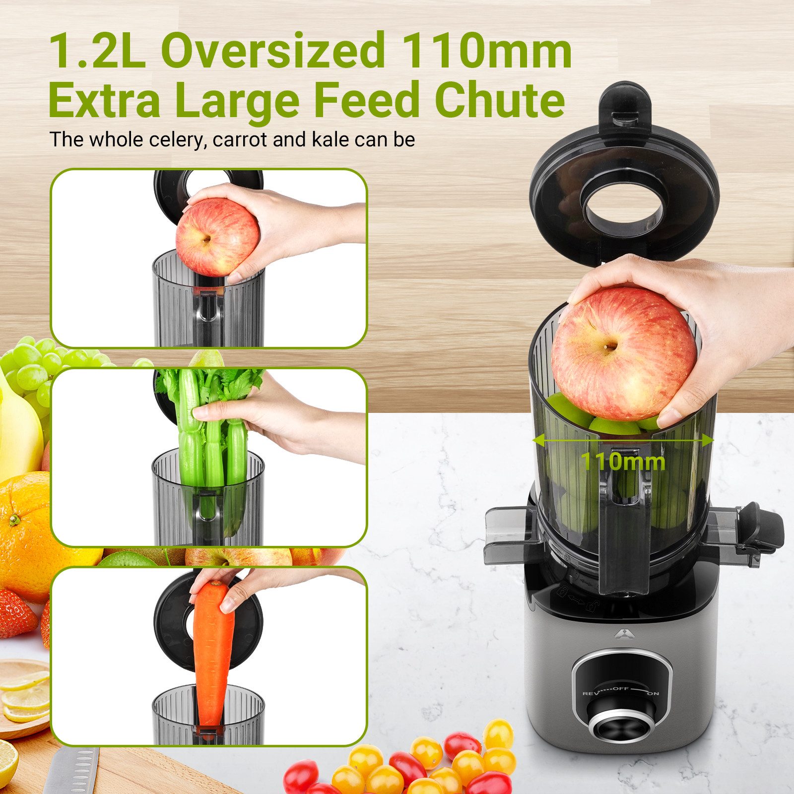 AMZCHEF Slow Juicer CE-JS2OT304-IG, 220 W, inklusive Bürste und 2 Bechern