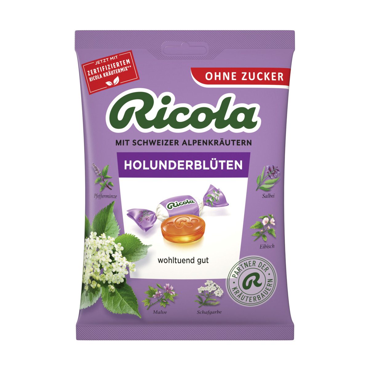 RICOLA Süßigkeit, Ricola Original Kräuter Holunderblüten ohne Zucker Packung 75g