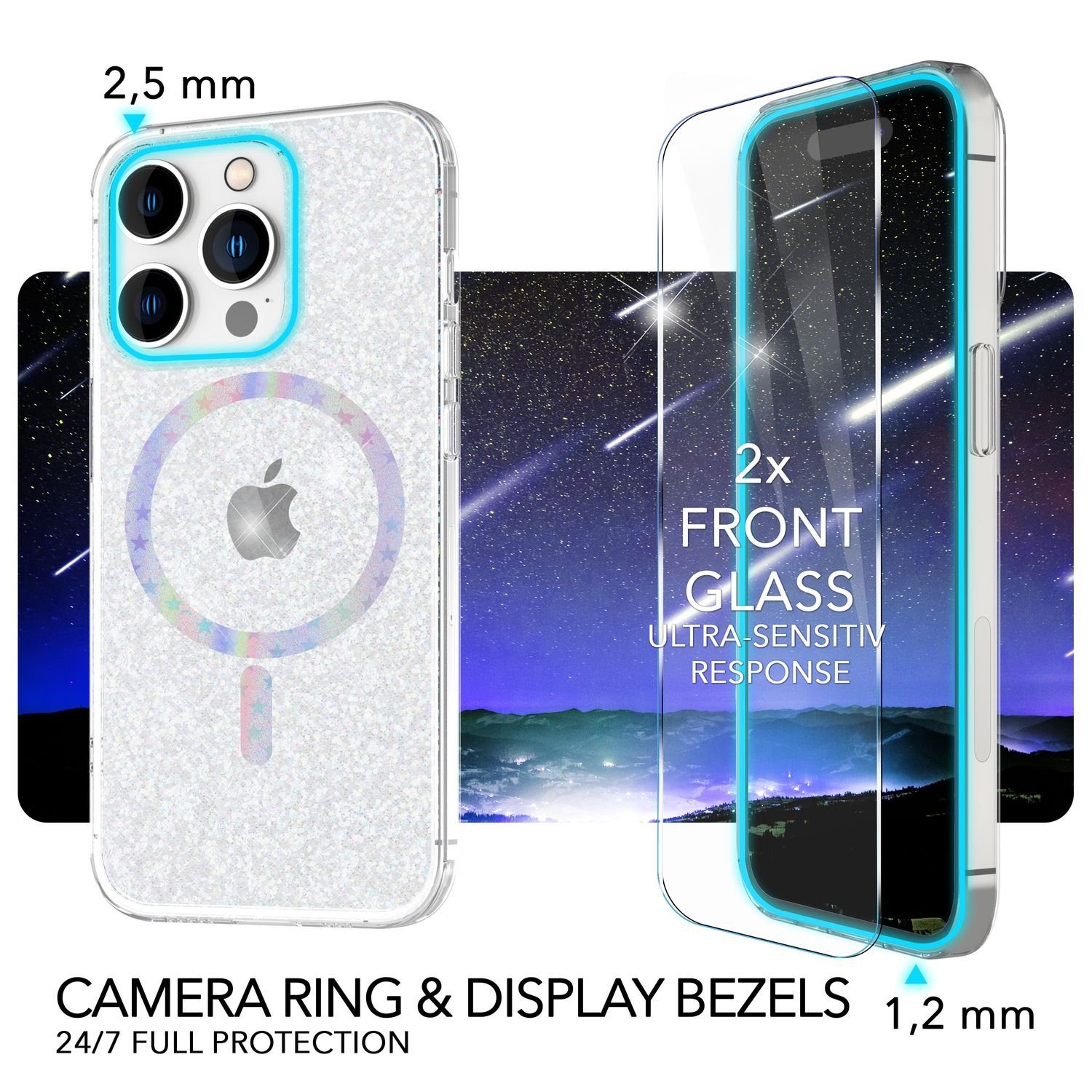 Nalia Smartphone-Hülle Apple iPhone 14 Pro 15,5 cm (6,1 Zoll), Klare Glitzer Hülle / MagSafe Funktion / 2x Schutzglas / Glitter Cover
