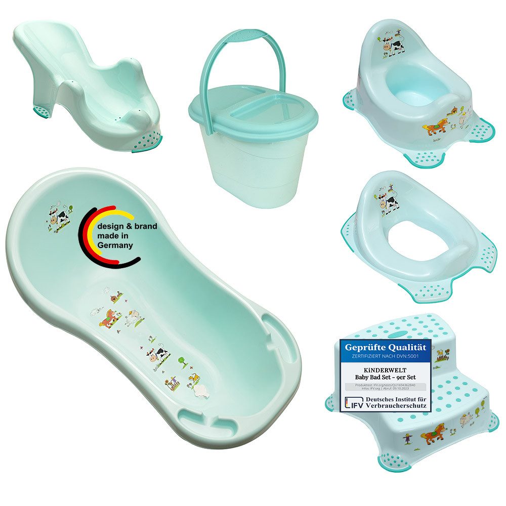 Babybadewanne 6er Z Set Funny Farm aqua Badewanne XXL + Badesitz + Topf + WC+ Hocker