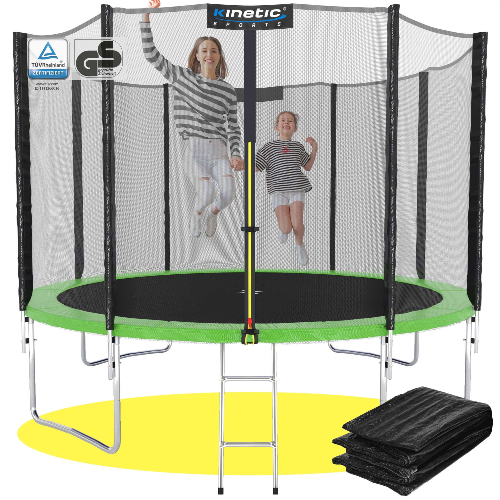 Kinetic Sports Gartentrampolin SALTO PLUS, Ø 305 cm, Komplett-Set mit Leiter, Regenplane, TÜV Rheinland GS-geprüft