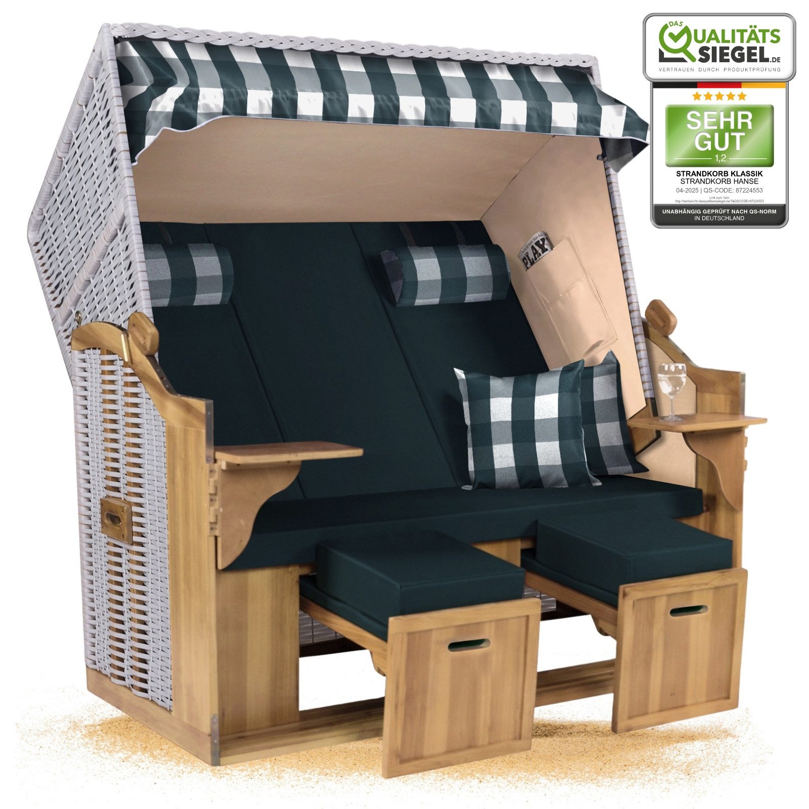 Strandkorb Hanse Strandkorb Strandkorb Ostsee XXL 2,5-Sitzer Volllieger Beige Grün, BxTxH: 150x80x160 cm, Ostsee XXL Volllieger, Ostsee 2,5-Sitzer Modell 2025, Stabiles Wacholder mit handgefertigtem Polyrattangeflecht