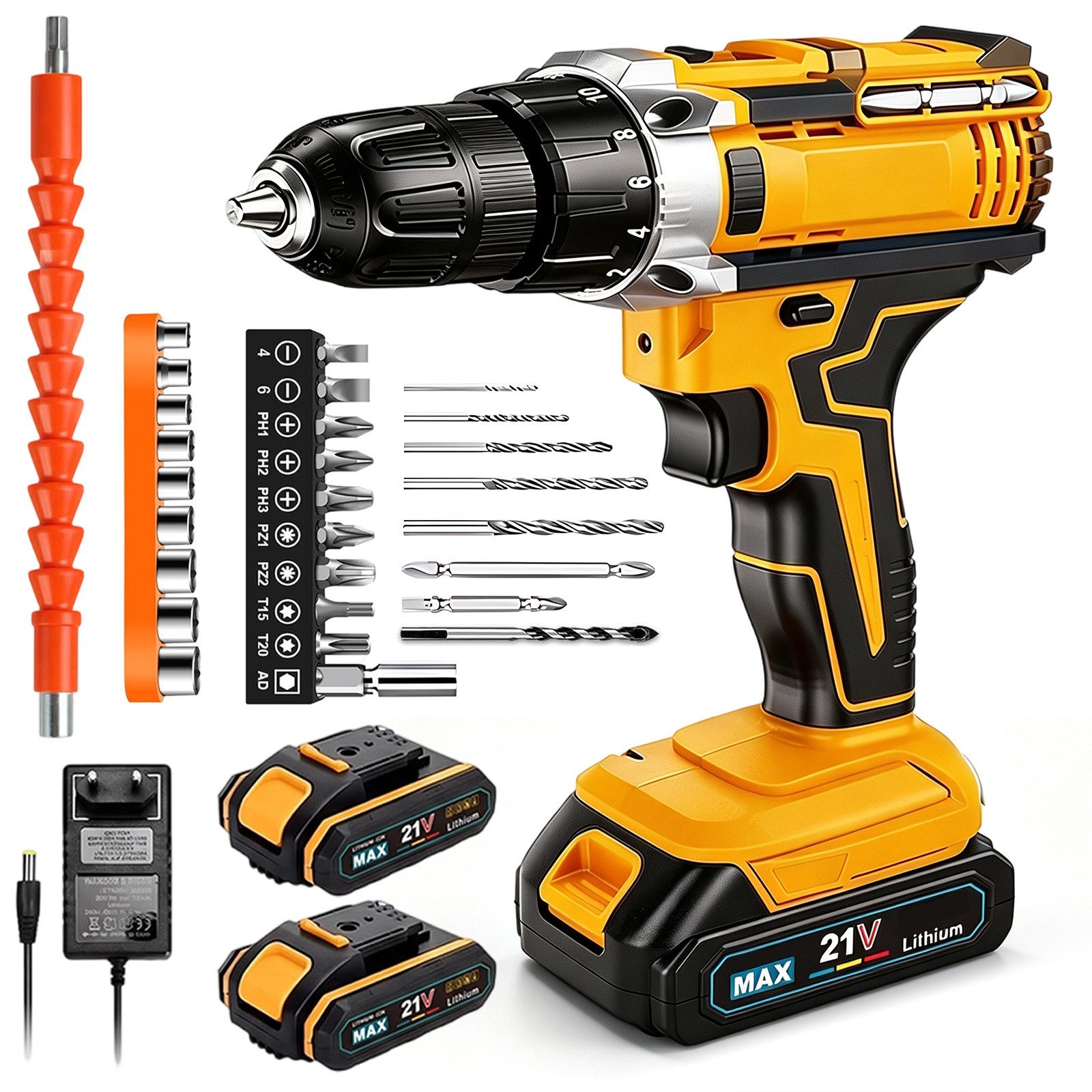 AKKEE Akku-Bohrschrauber Akkuschrauber und Bohrschrauber, Akku-Schrauber, Akkuschrauber Set, max. 1850 U/min, mit 2 x 2000mAh Akkus