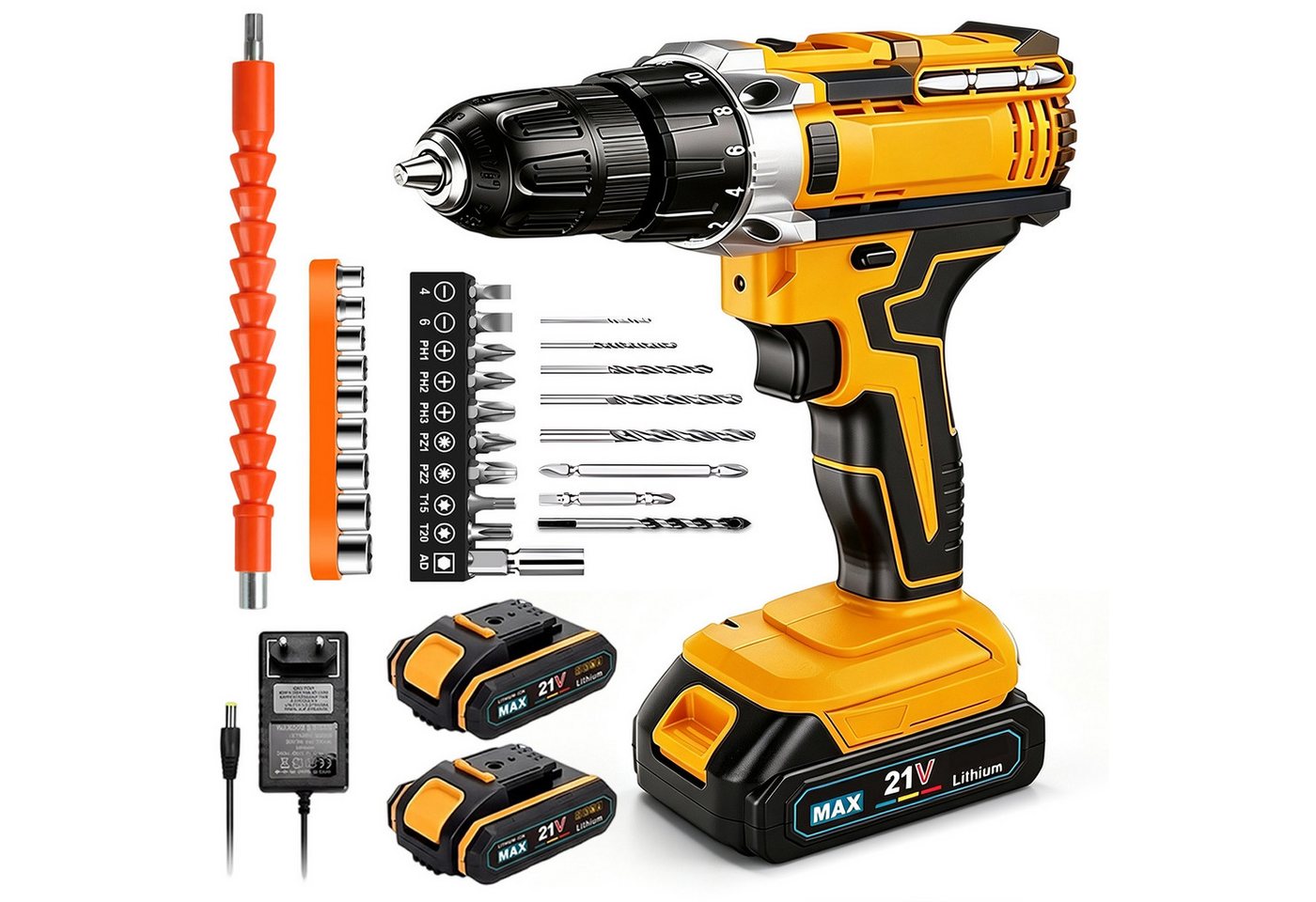 AKKEE Akku-Bohrschrauber Akkuschrauber und Bohrschrauber, Akku-Schrauber, Akkuschrauber Set, max. 1850 U/min, mit 2 x 2000mAh Akkus