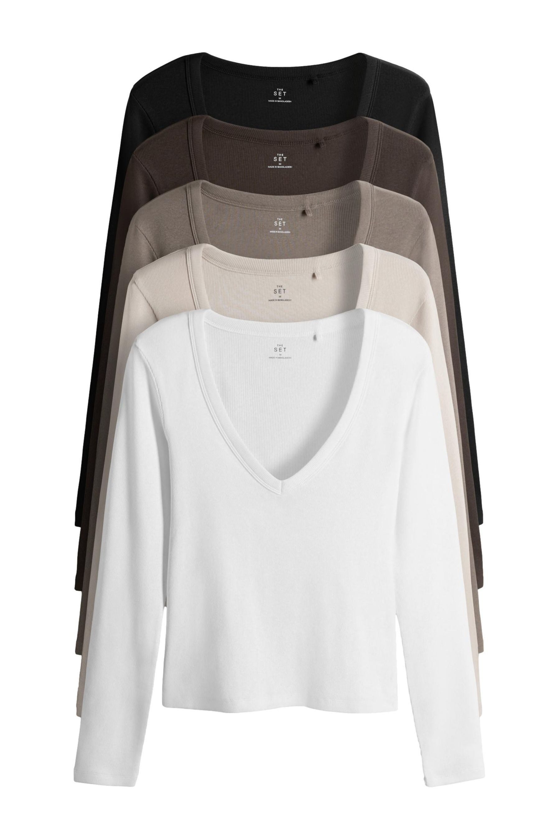 The Set Langarmshirt The Set Gerippte Shirts mit V-Ausschnitt, 5er-Pack (5-tlg)