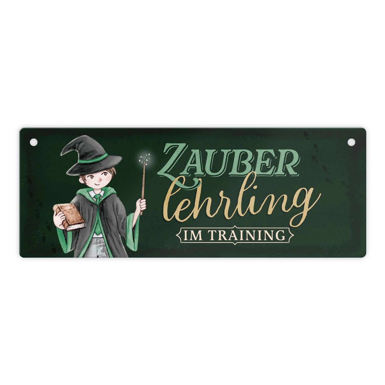 Metallschild Zauberlehrling Metallschild mit Zauberschüler in grün dunklem