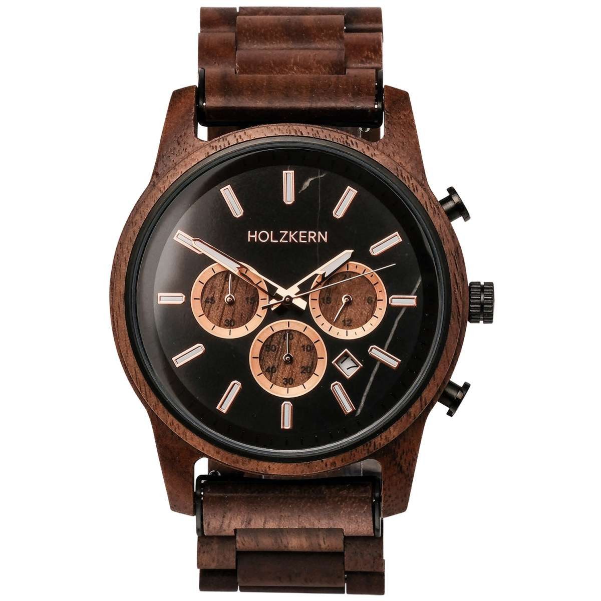 Holzkern Quarzuhr 9010631016364, Herrenuhr Quarz Chronograph Buschwerk Walnuss/Marmor