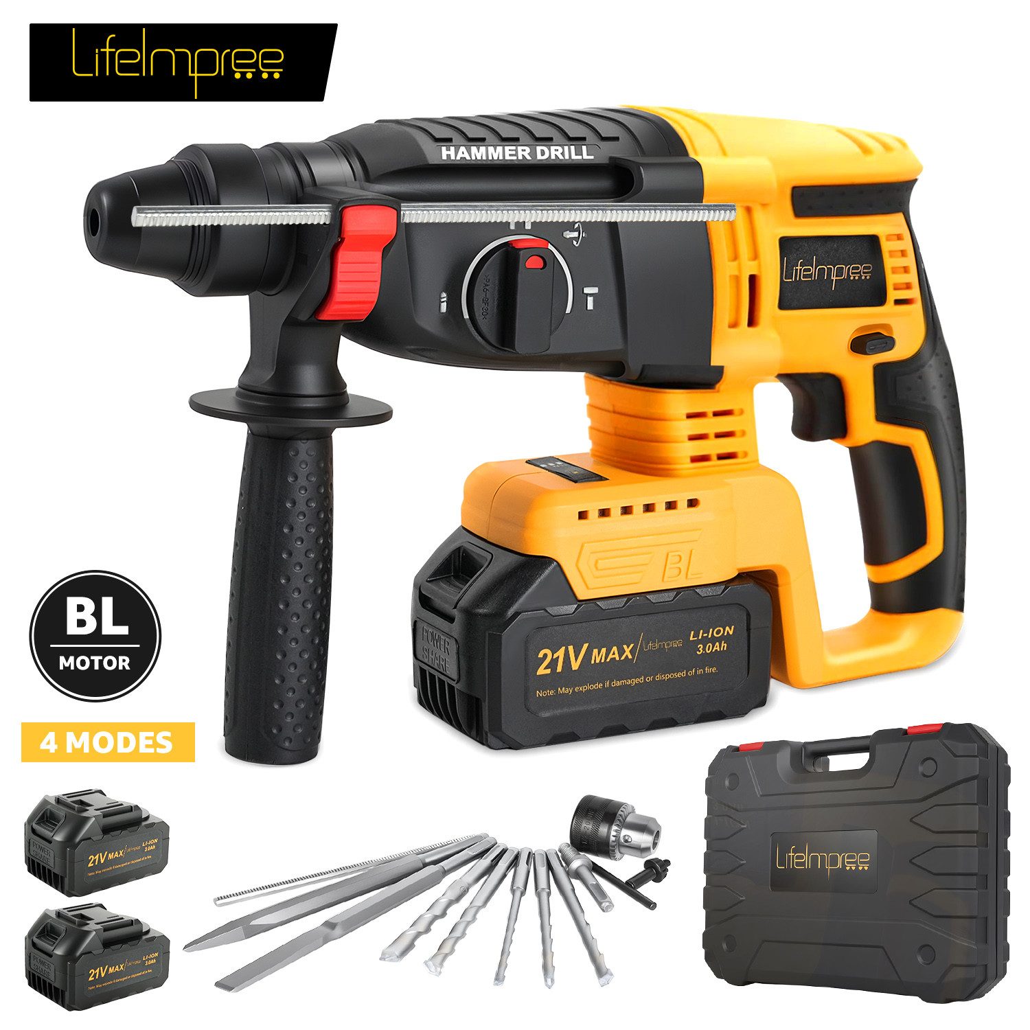 LifeImpree Akku-Bohrhammer SDS-Plus Bohrhammer 800W 7J Schlagenergie, Abbruchhammer mit 5 Bohrern, max. 950 U/min, Mit 360° Zusatzgriff & 4-in-1 Funktion für Beton, Stein, Holz & Wände